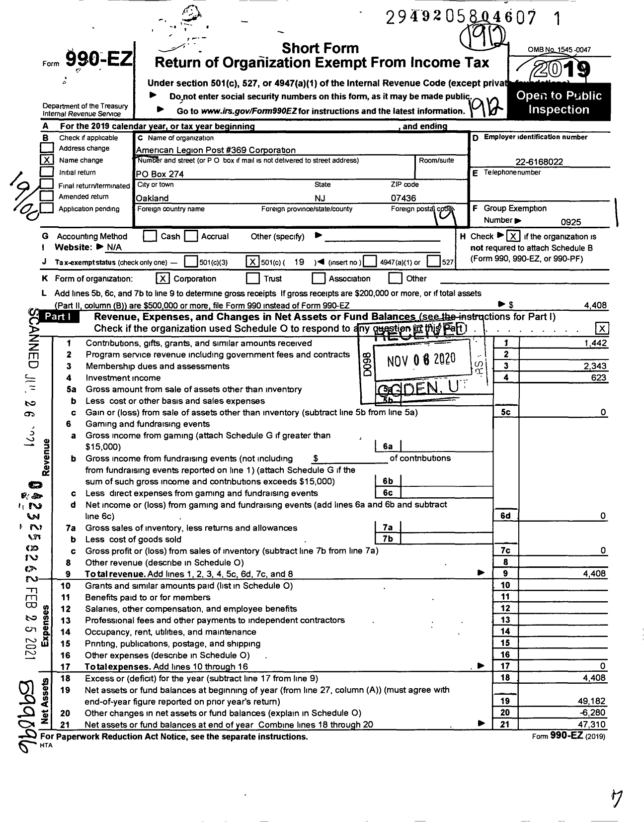 Image of first page of 2019 Form 990EO for American Legion Post #369 Corporation