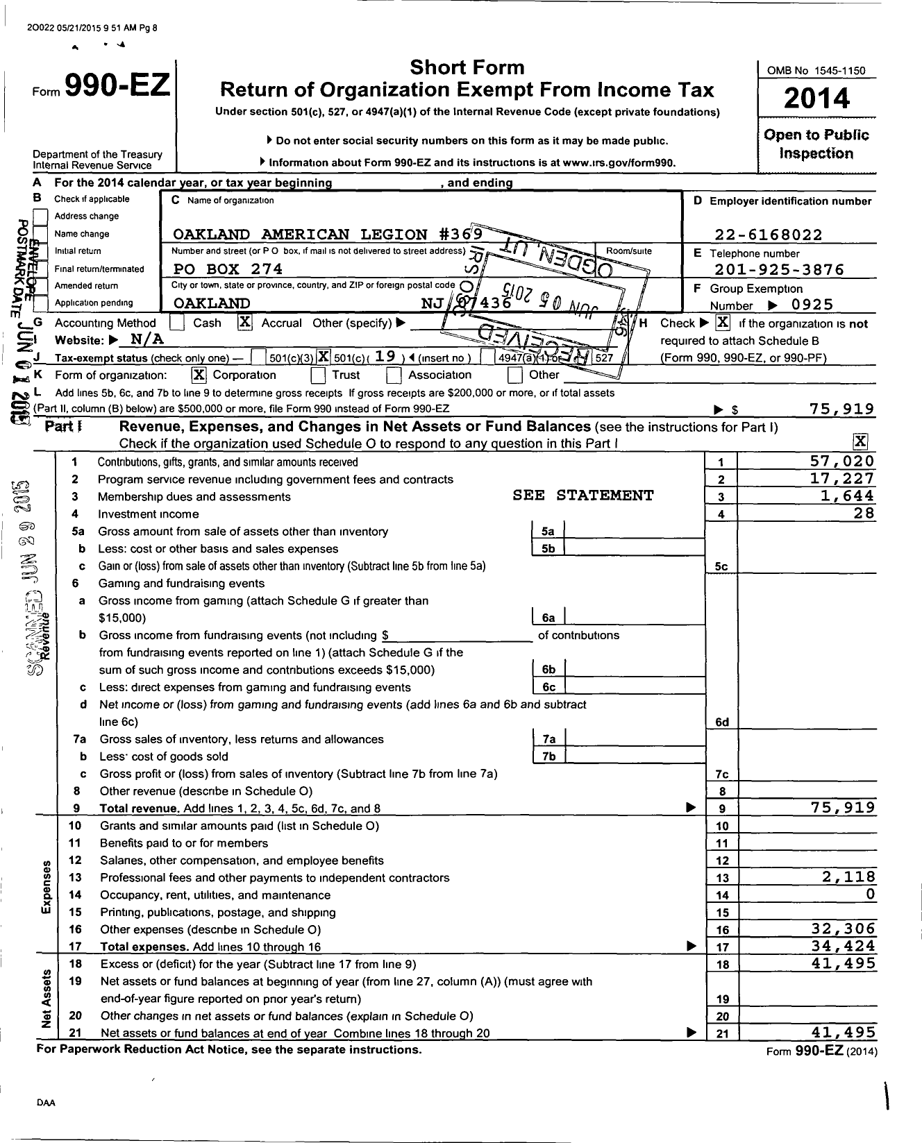 Image of first page of 2014 Form 990EO for American Legion Post #369 Corporation