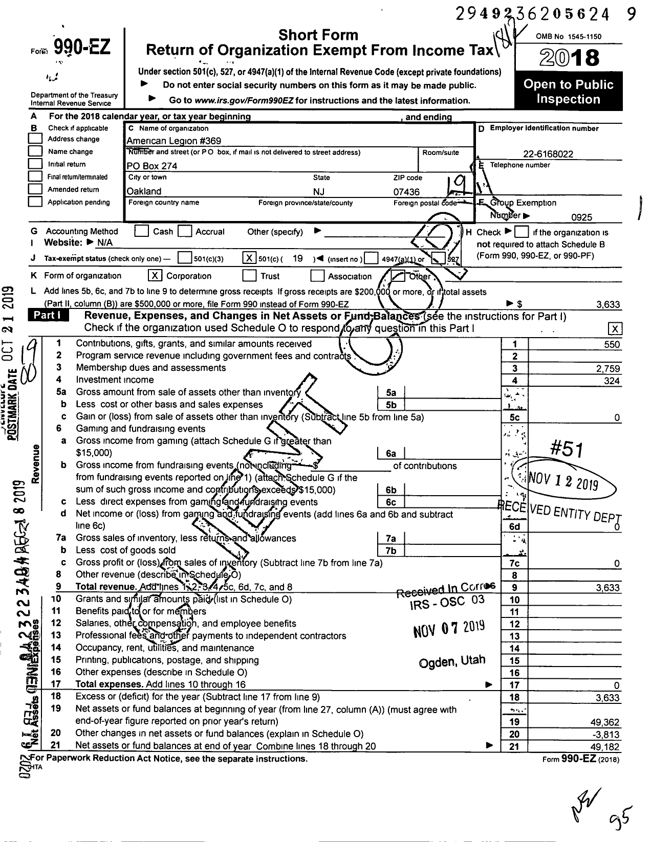 Image of first page of 2018 Form 990EO for American Legion Post #369 Corporation