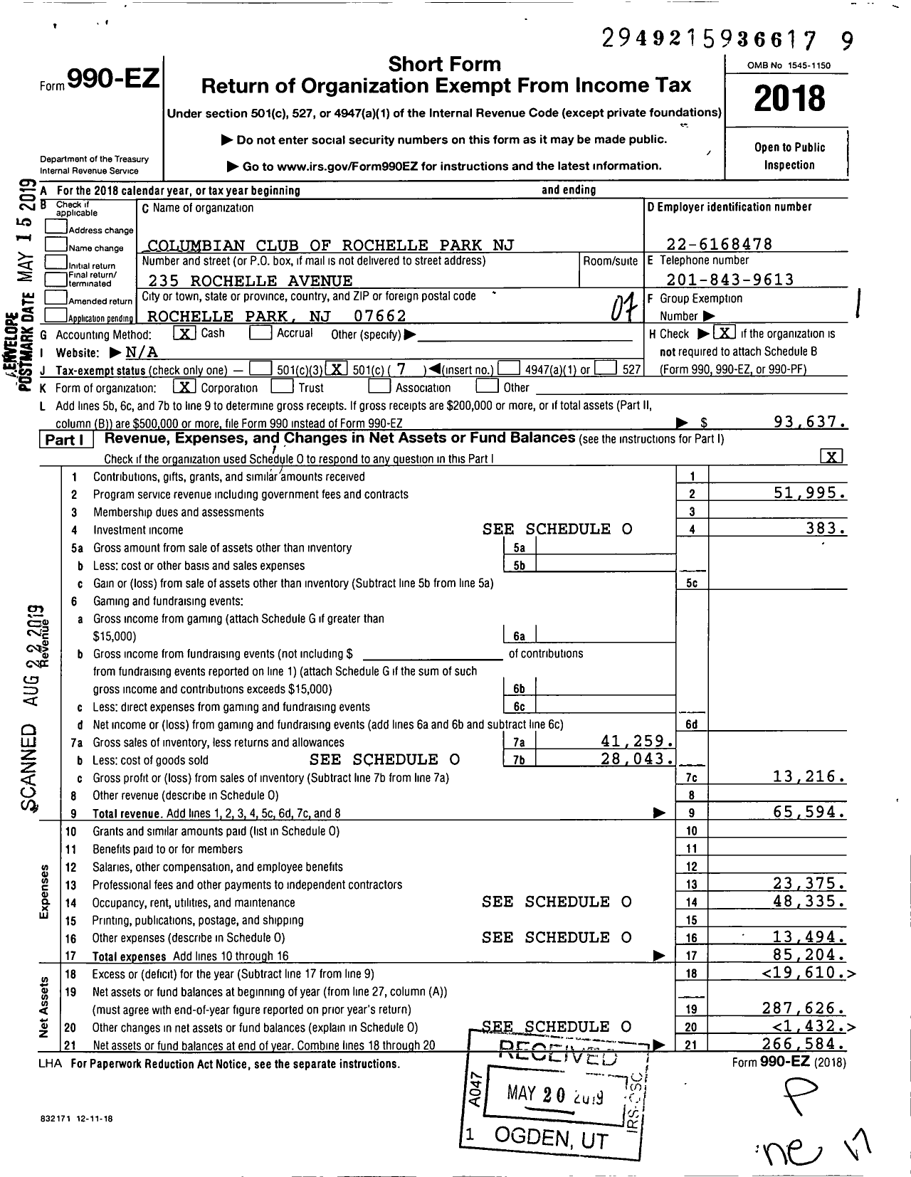 Image of first page of 2018 Form 990EO for Columbian Club of Rochelle Park NJ