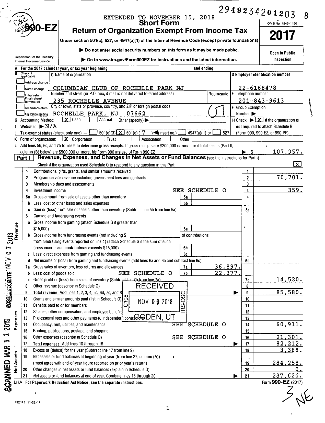 Image of first page of 2017 Form 990EO for Columbian Club of Rochelle Park NJ