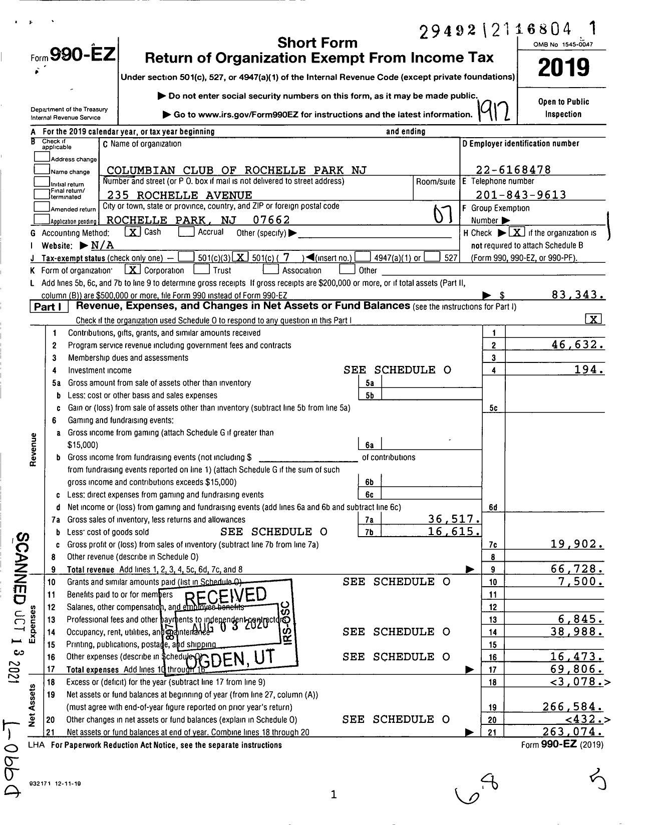 Image of first page of 2019 Form 990EO for Columbian Club of Rochelle Park NJ