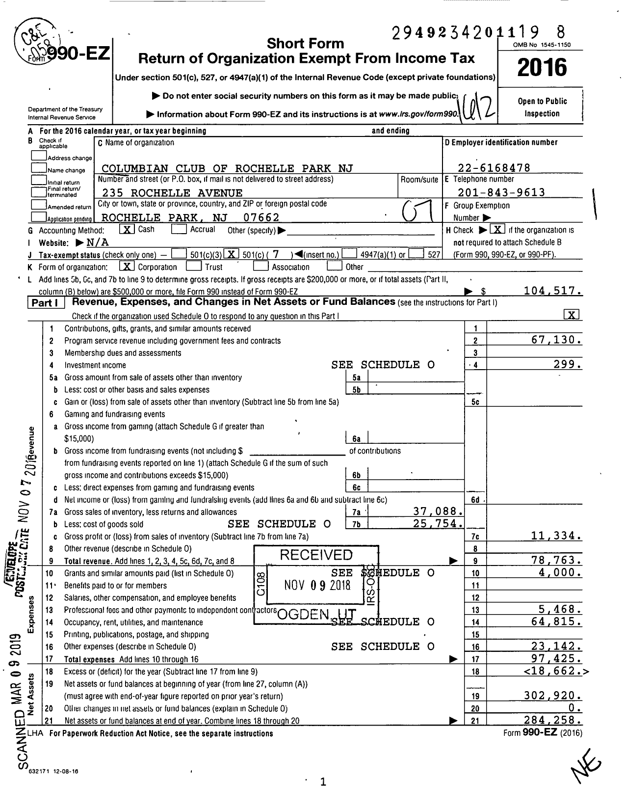 Image of first page of 2016 Form 990EO for Columbian Club of Rochelle Park NJ