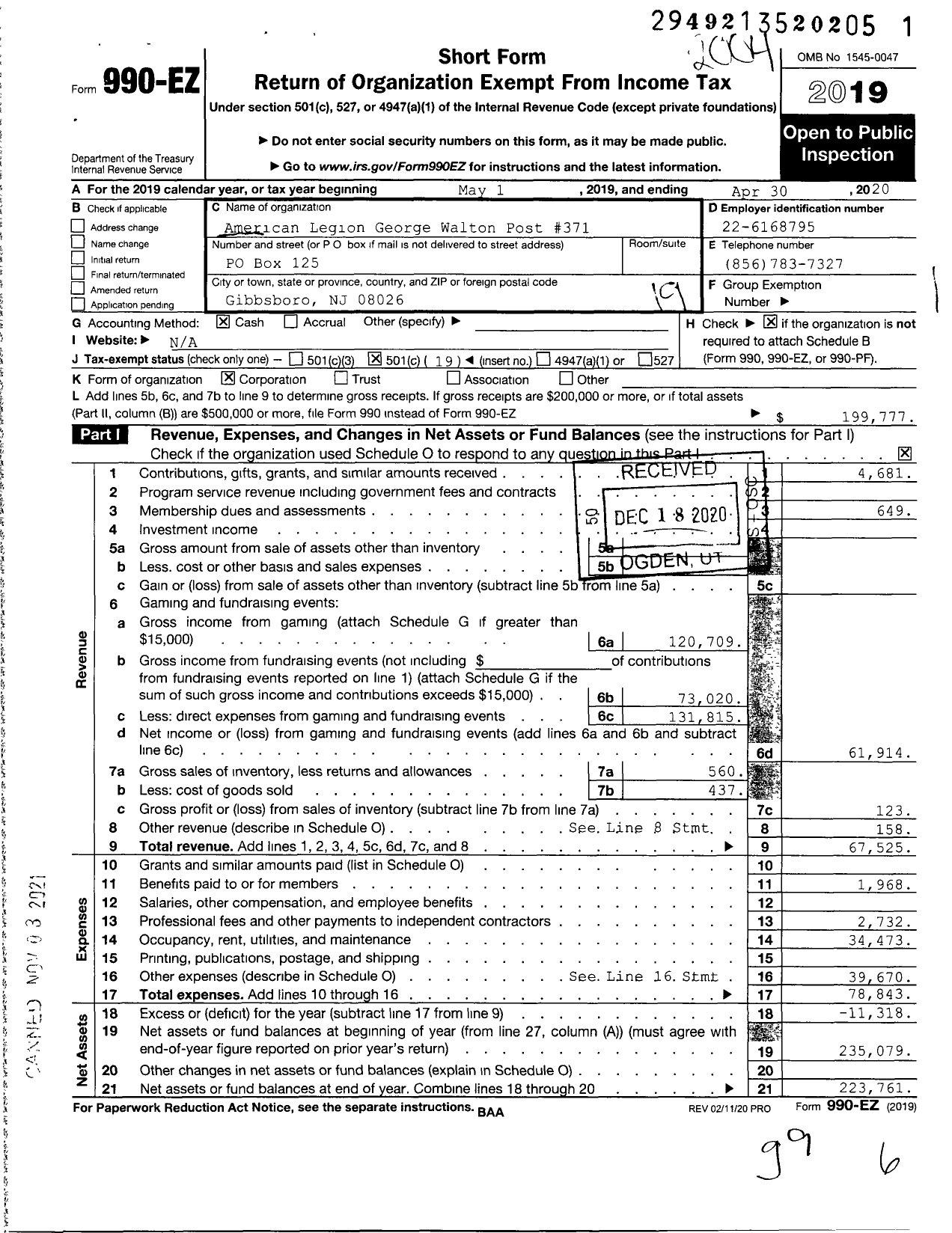 Image of first page of 2019 Form 990EO for American Legion - 371 George Walton Post