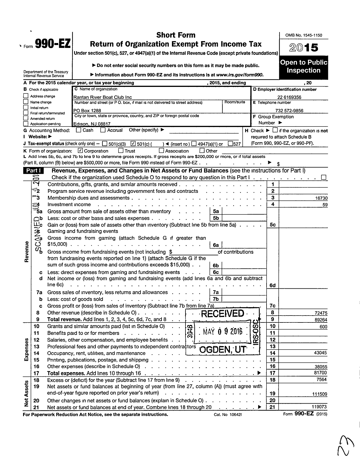 Image of first page of 2015 Form 990EO for Raritan River Boat Club