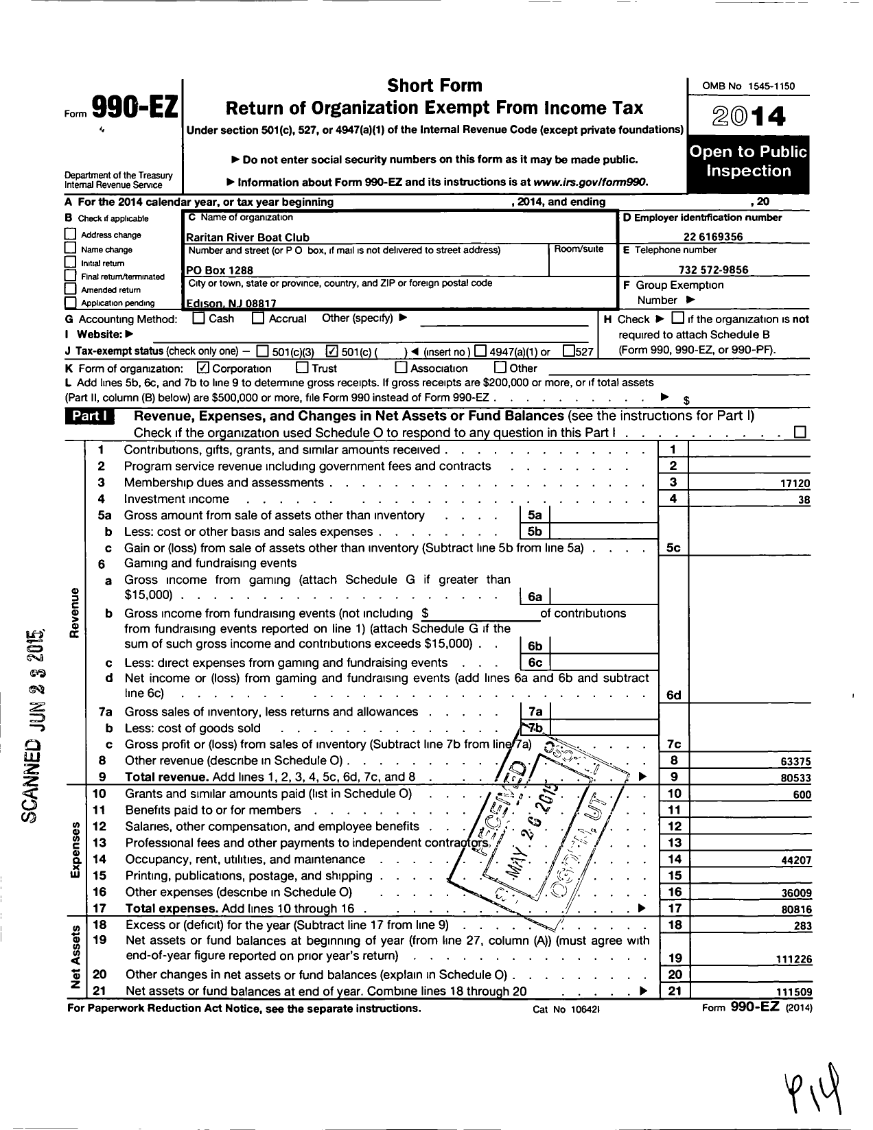 Image of first page of 2014 Form 990EO for Raritan River Boat Club