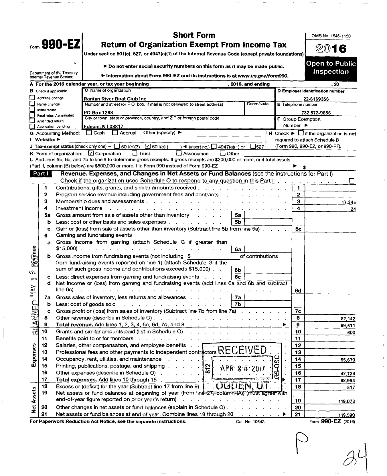 Image of first page of 2016 Form 990EO for Raritan River Boat Club