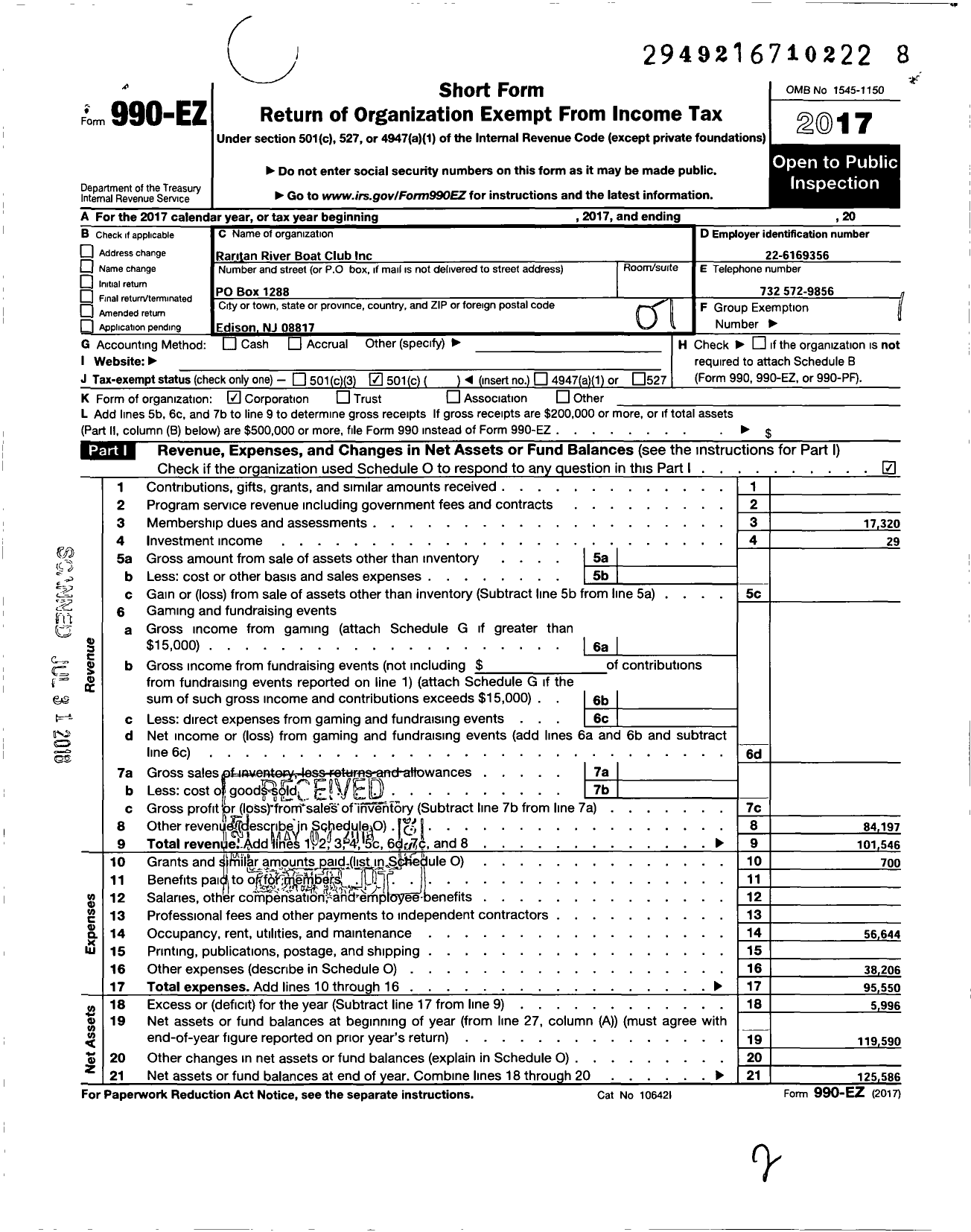 Image of first page of 2017 Form 990EO for Raritan River Boat Club