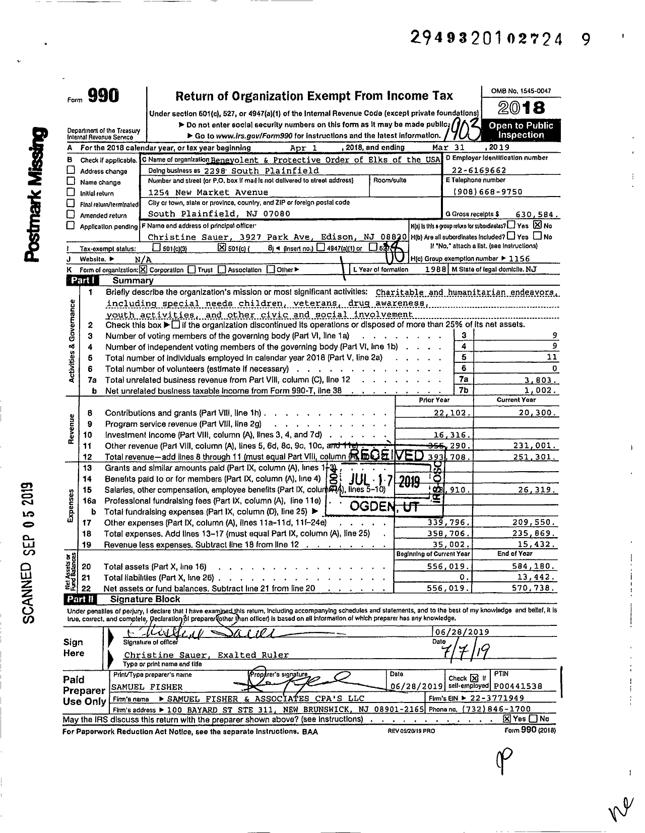 Image of first page of 2018 Form 990O for Benevolent and Protective Order of Elks - 2298 South Plainfield