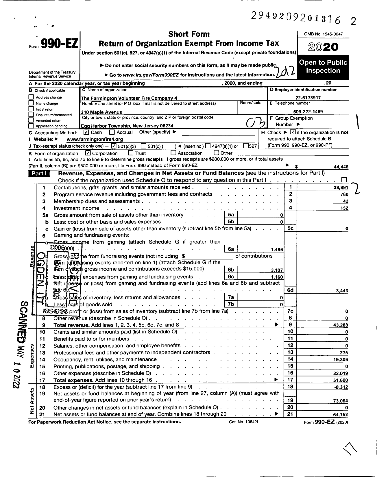 Image of first page of 2020 Form 990EZ for The Farmington Volunteer Fire Company 4