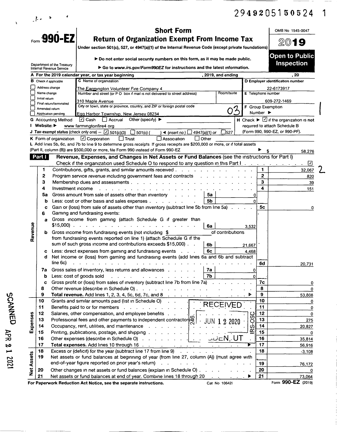 Image of first page of 2019 Form 990EZ for The Farmington Volunteer Fire Company 4