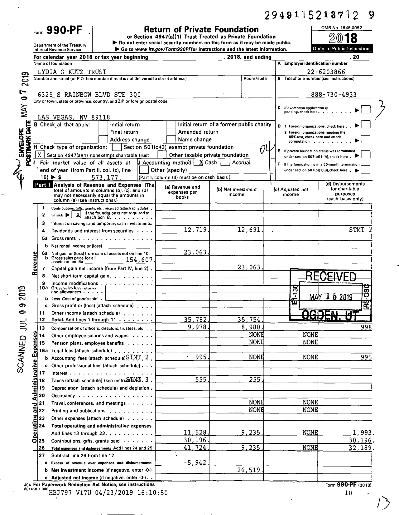 Image of first page of 2018 Form 990PF for Lydia G Kutz Trust