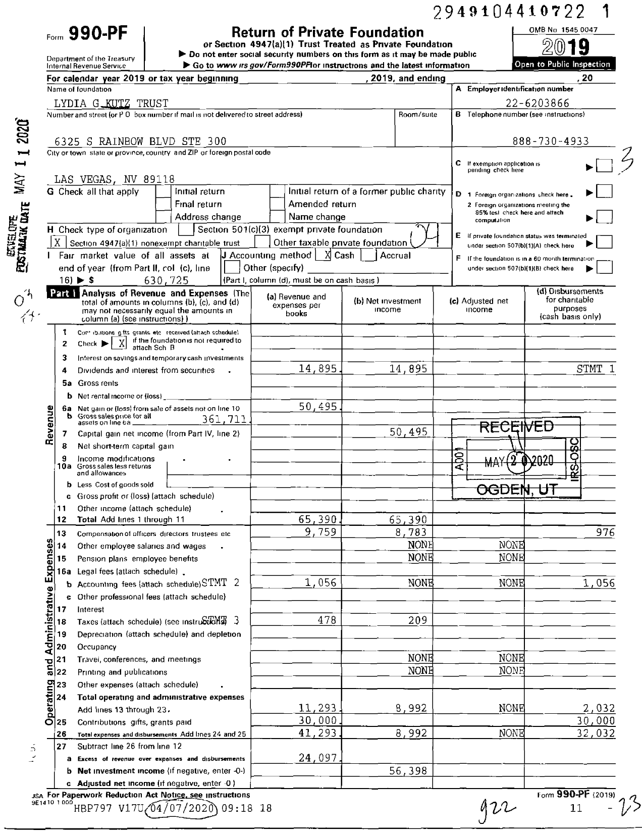 Image of first page of 2019 Form 990PF for Lydia G Kutz Trust