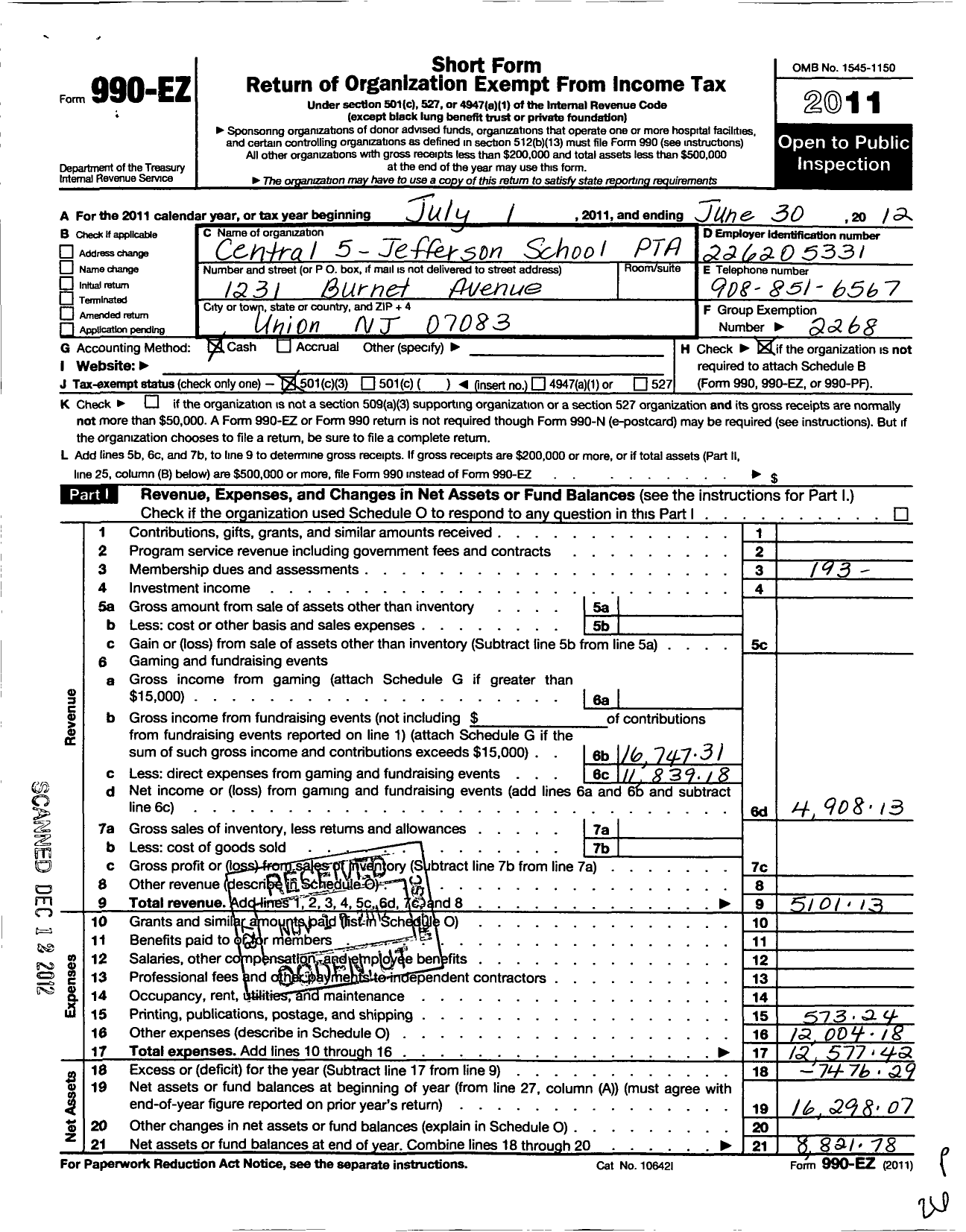 Image of first page of 2011 Form 990EZ for New Jersey PTA - 18642 Central No 5 Jefferson SCH