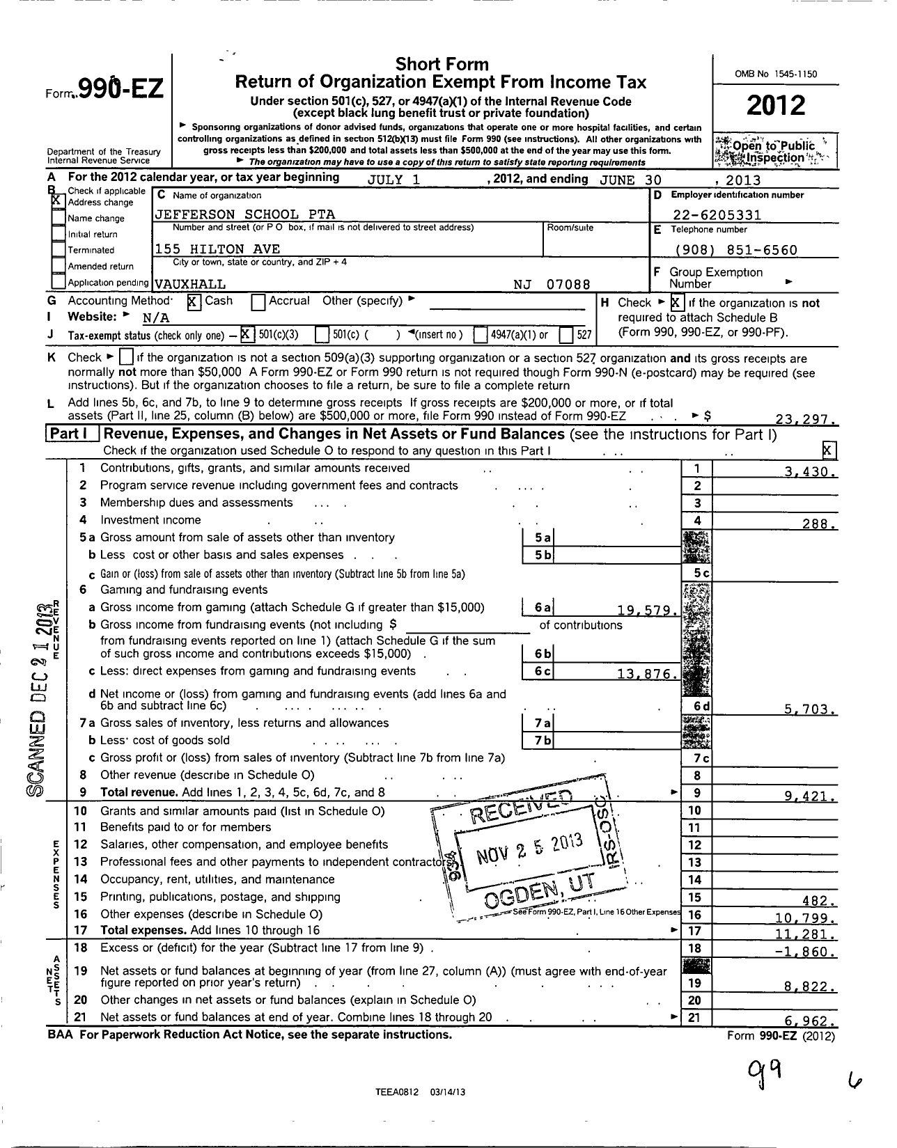Image of first page of 2012 Form 990EZ for New Jersey PTA - 18642 Central No 5 Jefferson SCH