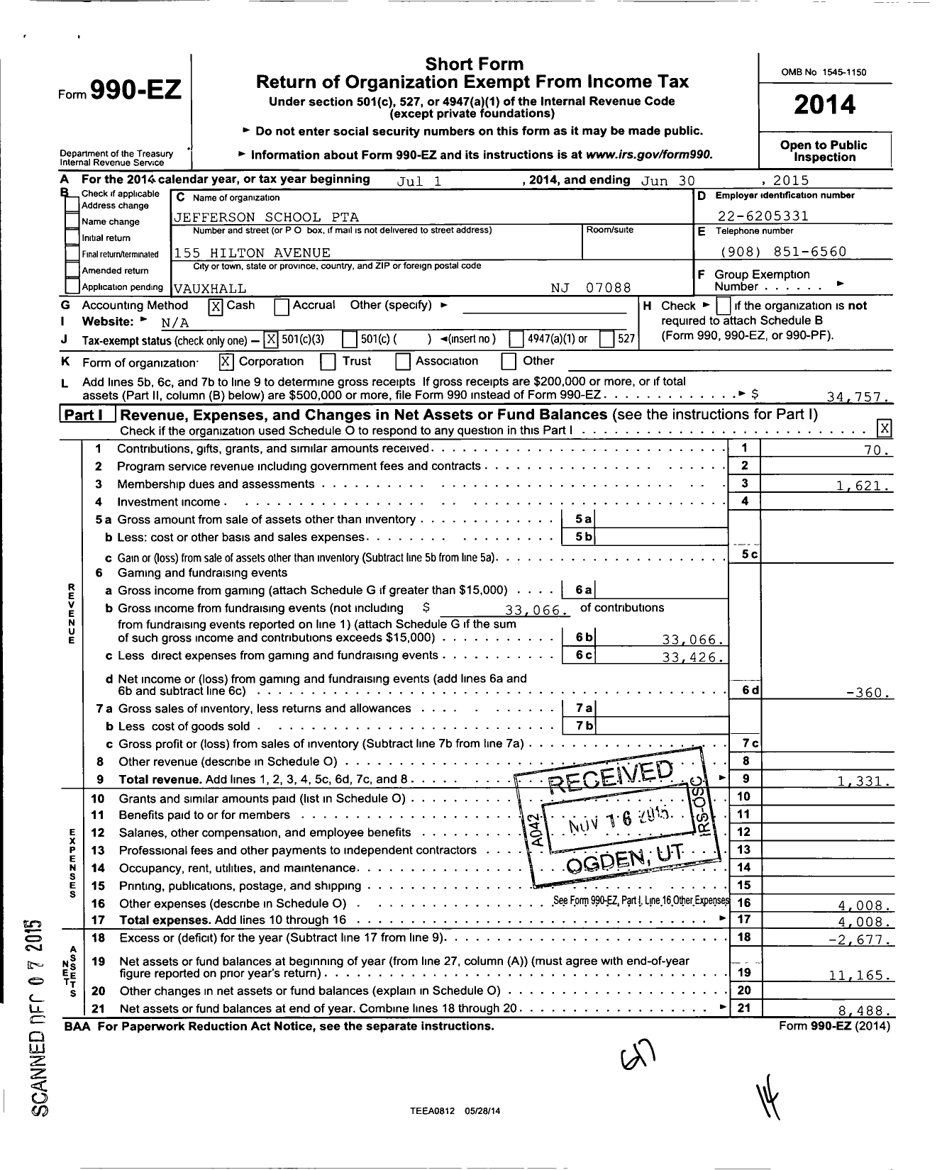 Image of first page of 2014 Form 990EZ for New Jersey PTA - 18642 Central No 5 Jefferson SCH