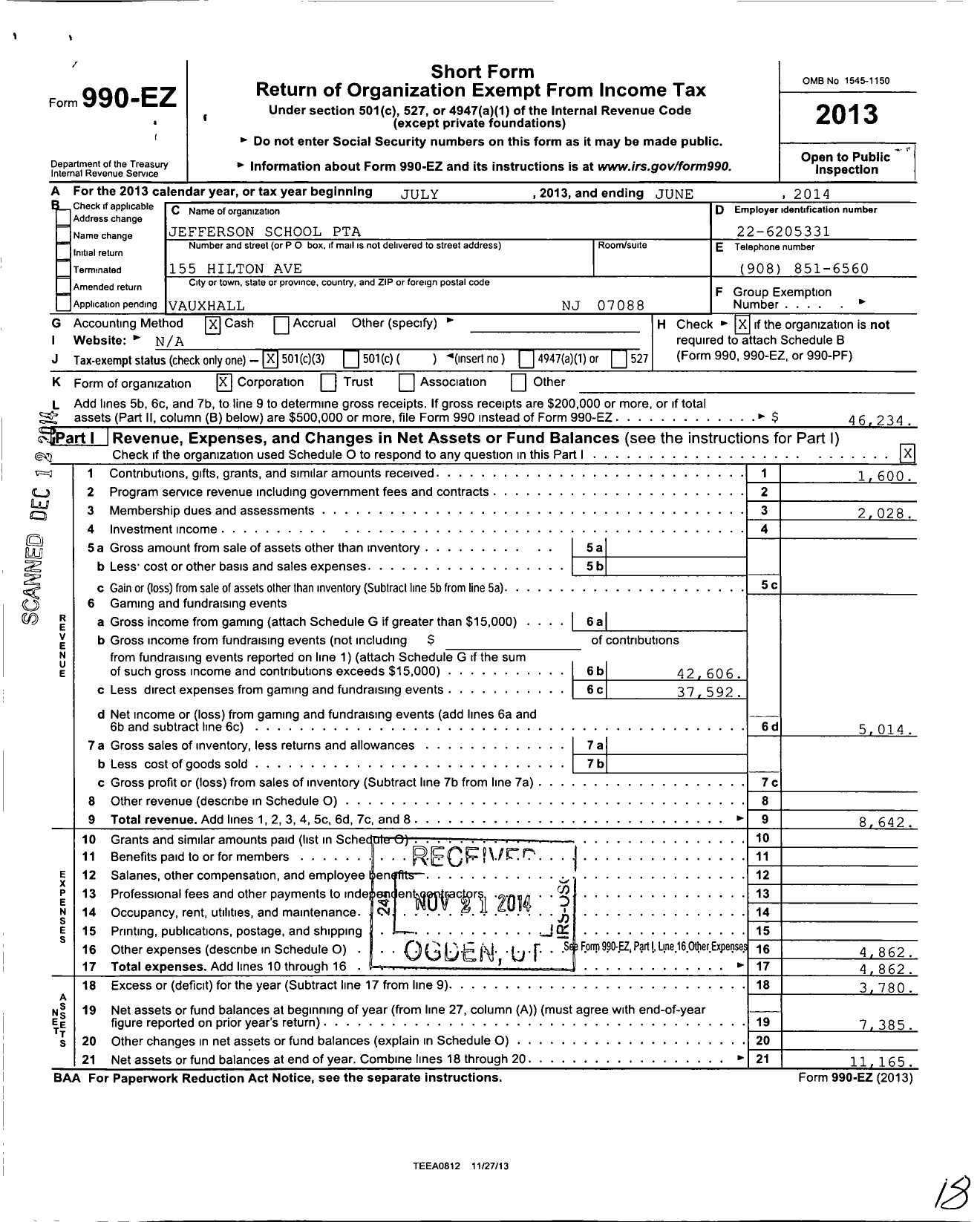 Image of first page of 2013 Form 990EZ for New Jersey PTA - 18642 Central No 5 Jefferson SCH