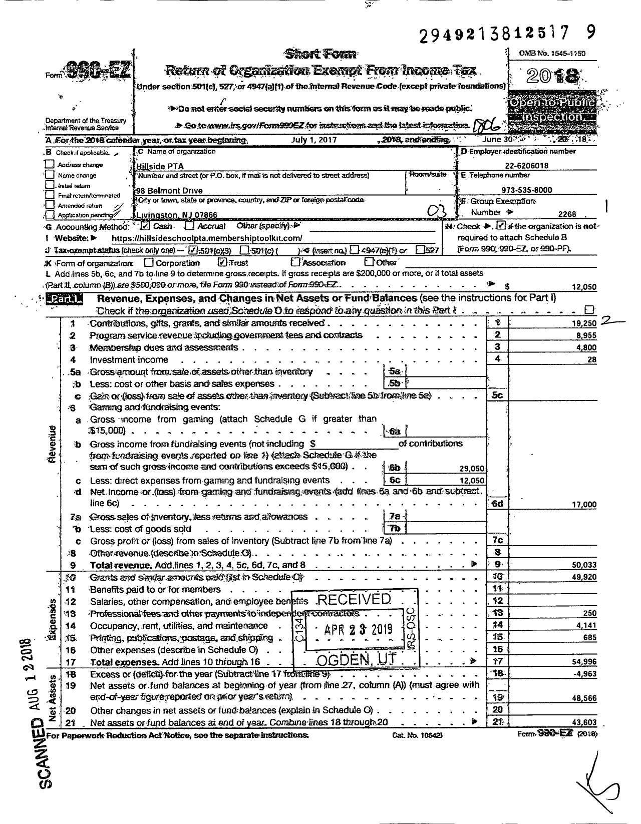 Image of first page of 2017 Form 990EZ for New Jersey PTA - 18542 Hillside School PTA