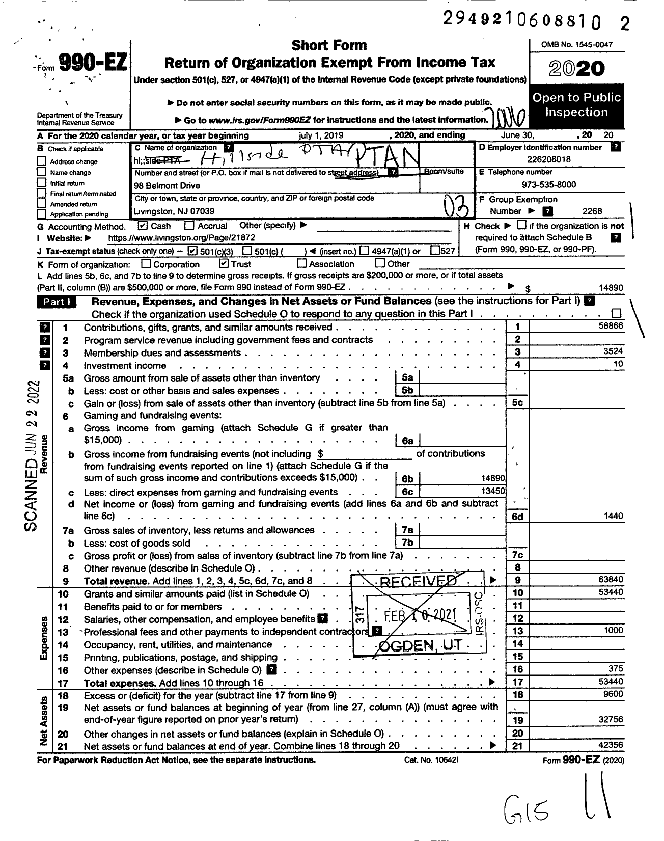 Image of first page of 2019 Form 990EZ for New Jersey PTA - 18542 Hillside School PTA