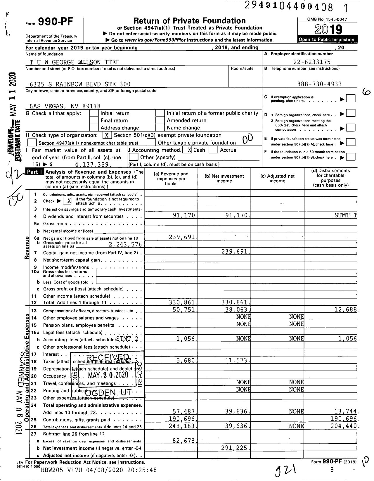 Image of first page of 2019 Form 990PF for T U W George Wilson Ttee