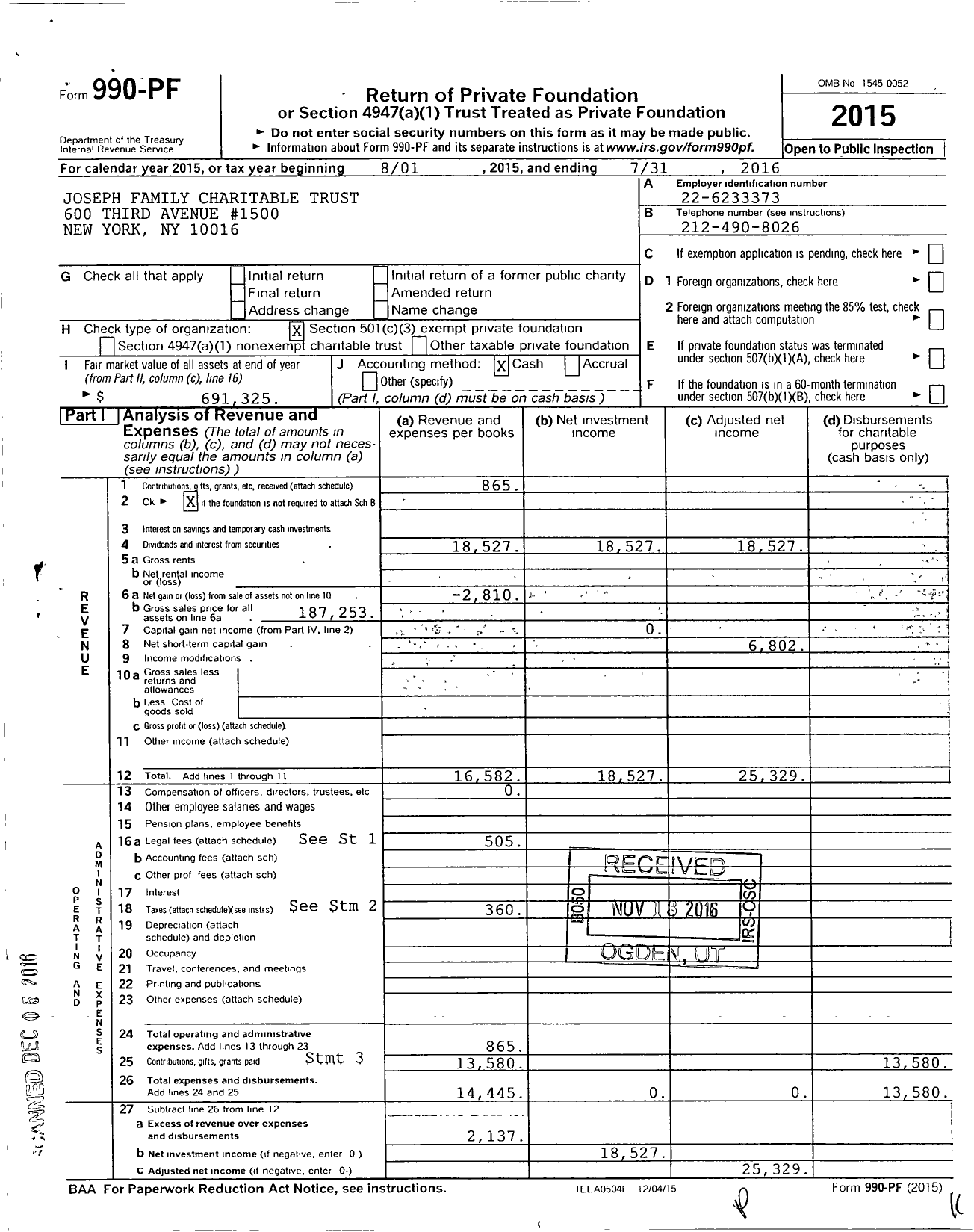 Image of first page of 2015 Form 990PF for Joseph Family Charitable Trust