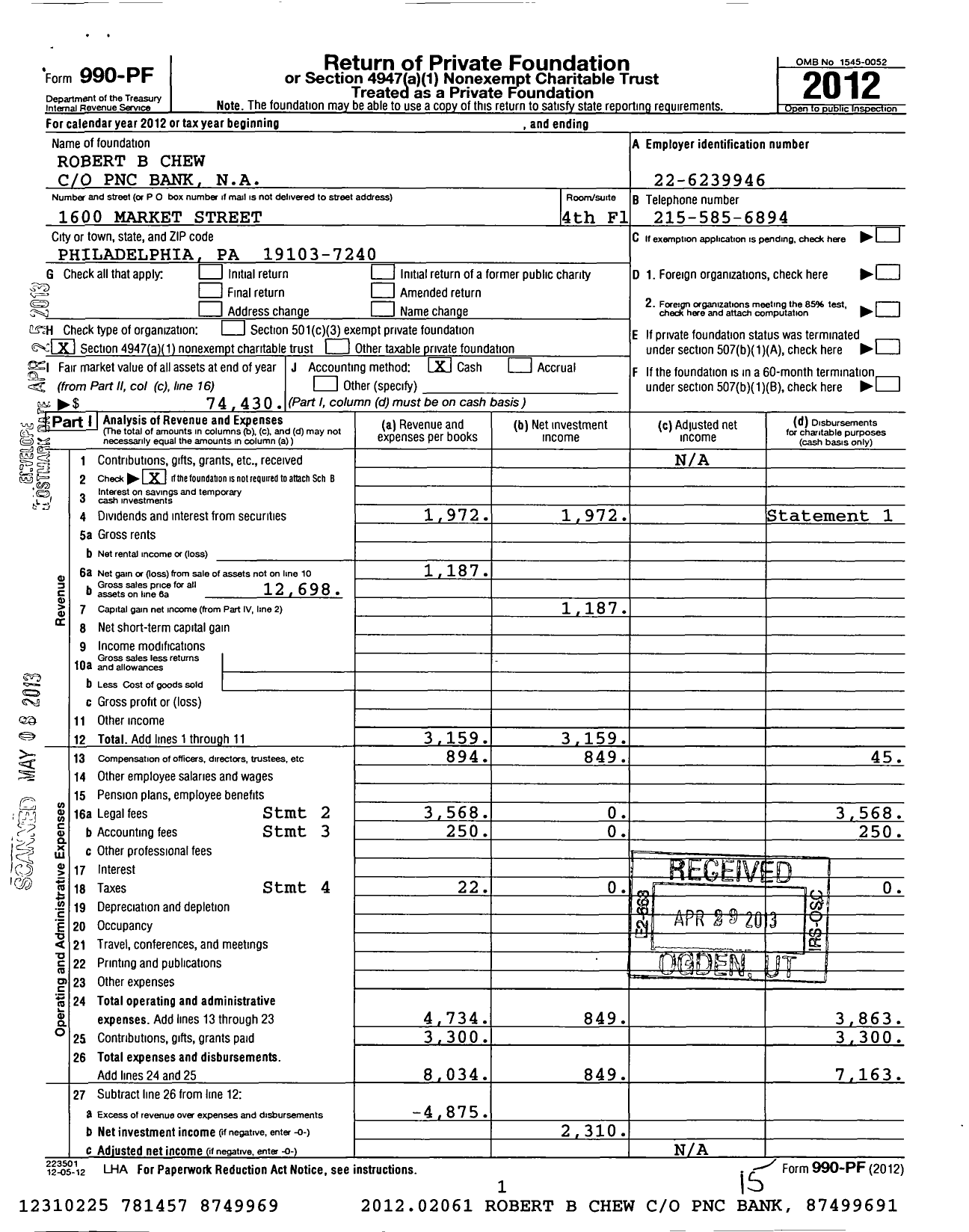 Image of first page of 2012 Form 990PF for Robert B Chew PNC Bank Na