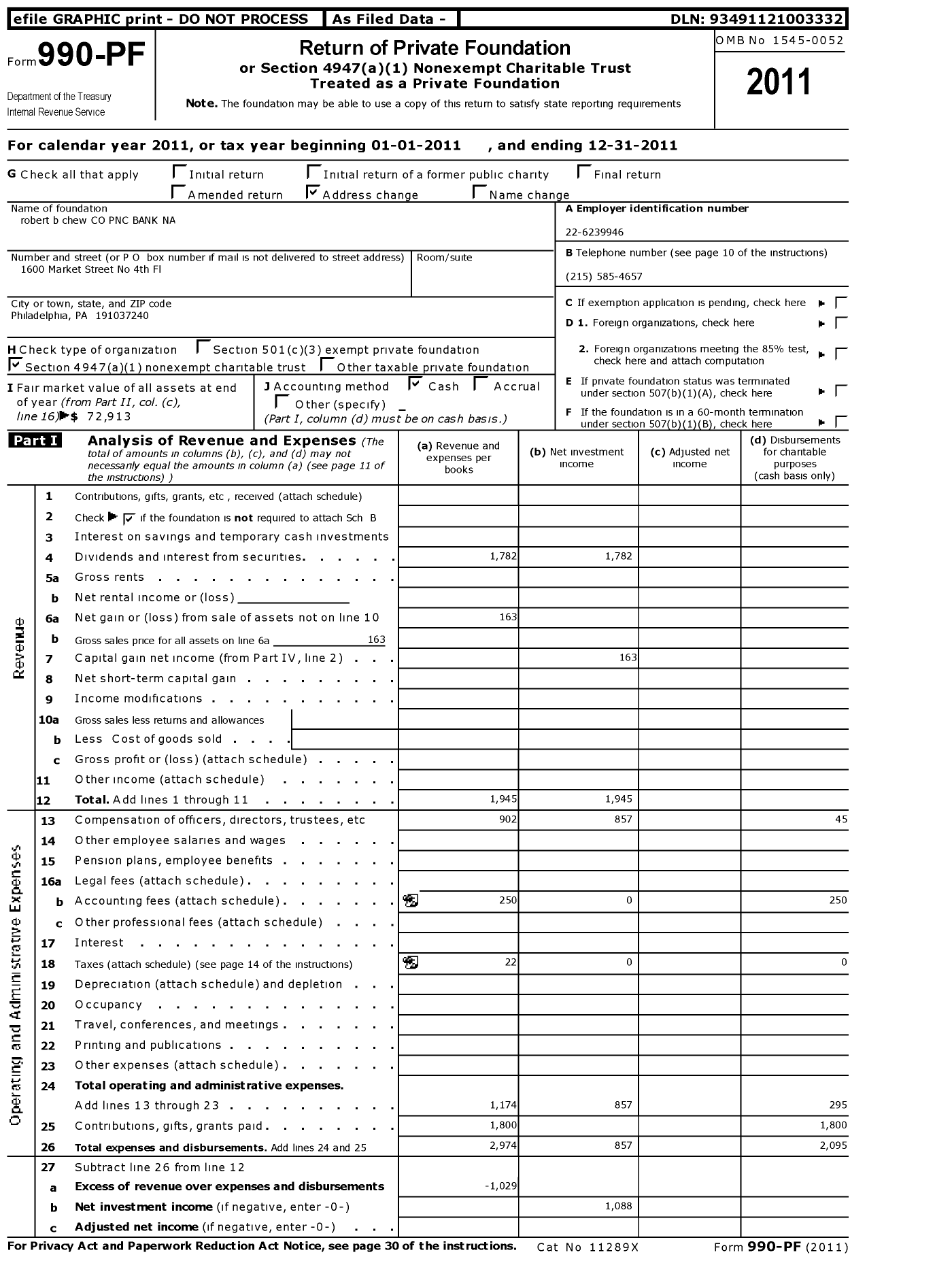 Image of first page of 2011 Form 990PF for Robert B Chew PNC Bank Na