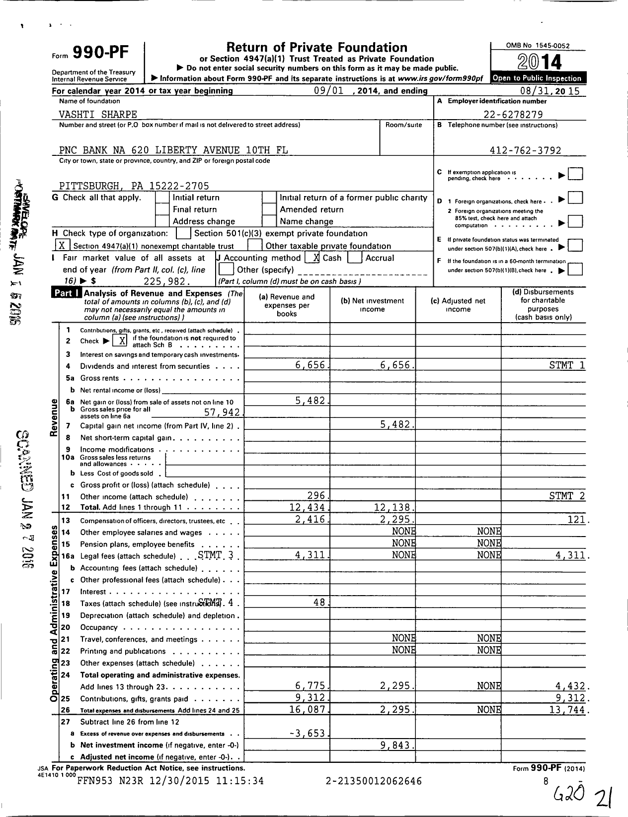 Image of first page of 2014 Form 990PF for Vashti Sharpe