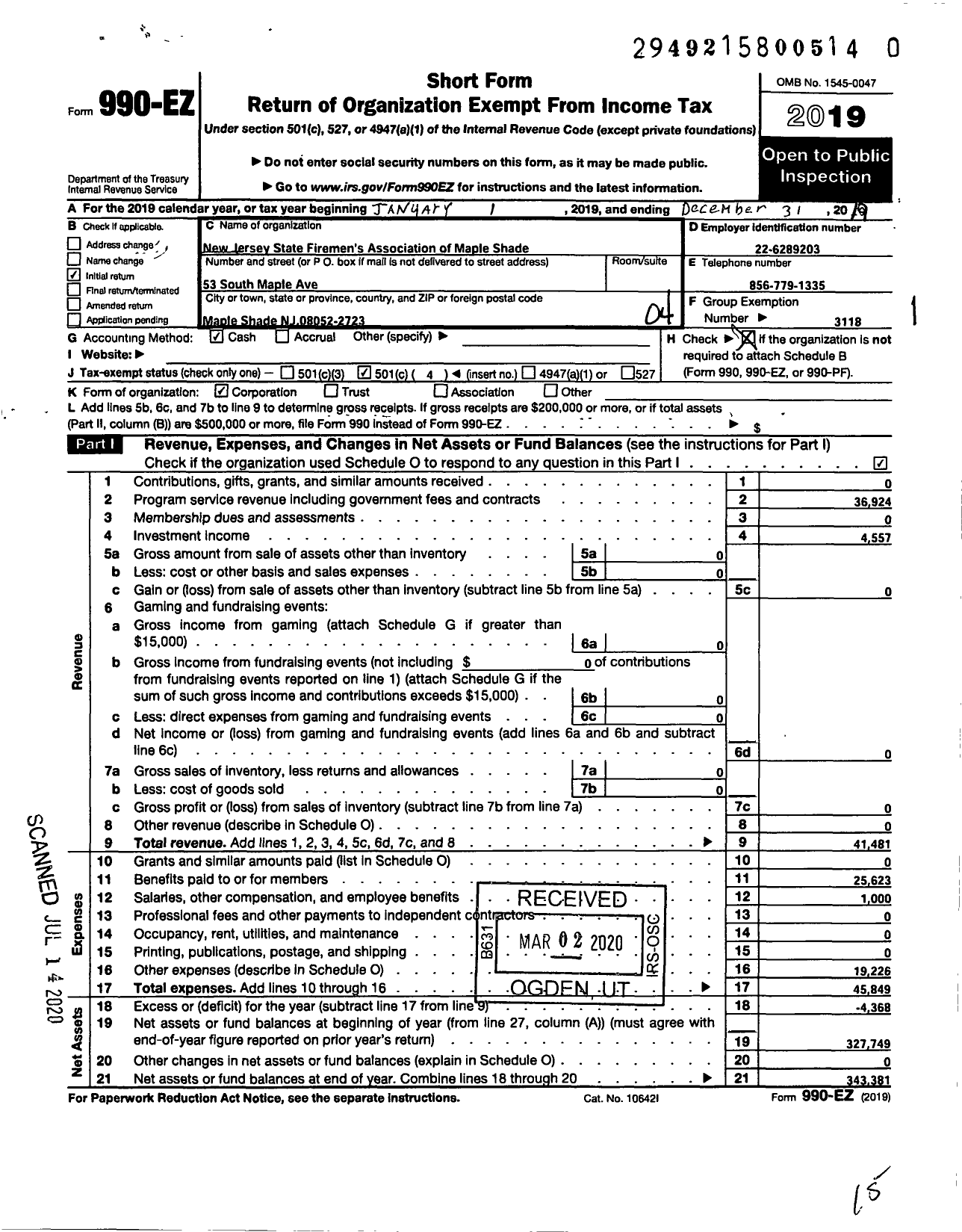 Image of first page of 2019 Form 990EO for New Jersey State Firemen's Association - Maple Shade