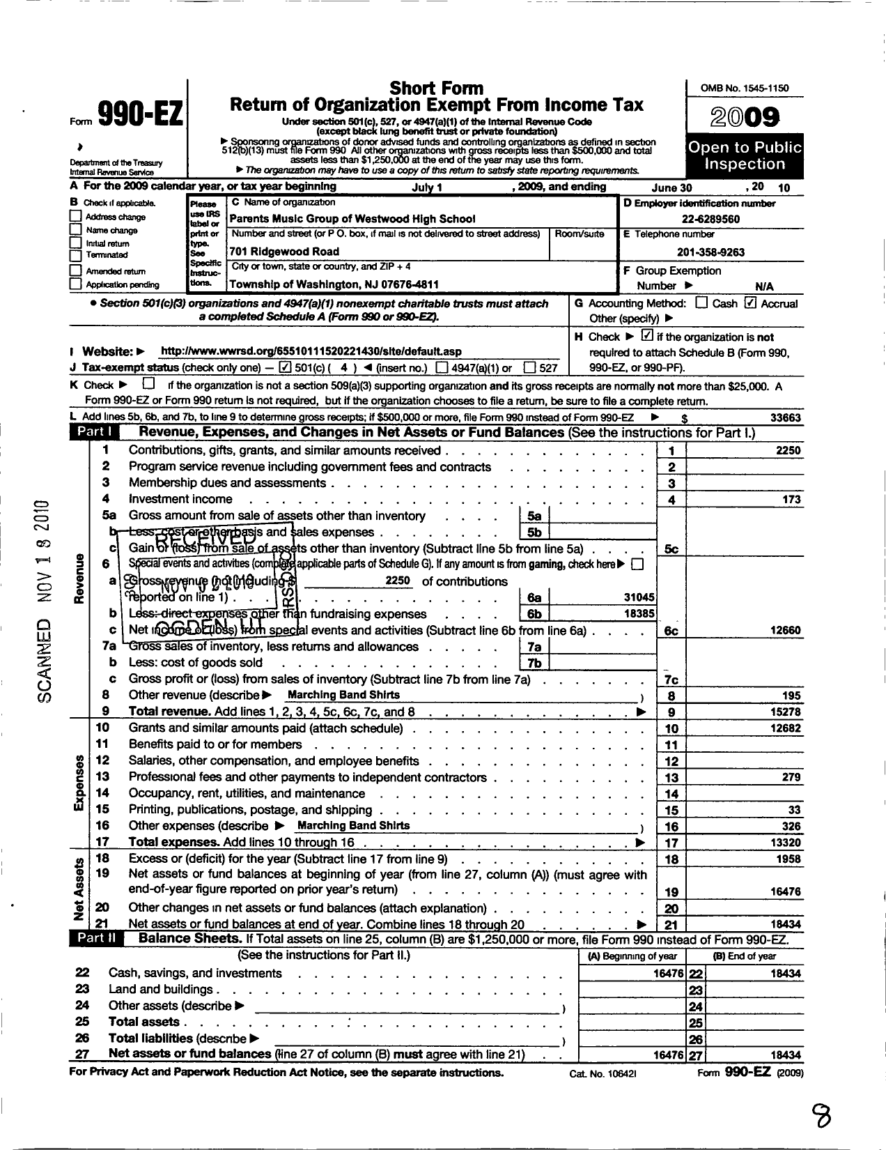 Image of first page of 2009 Form 990EO for Parents Music and Arts Group of Westwood High School A NJ Nonprofi