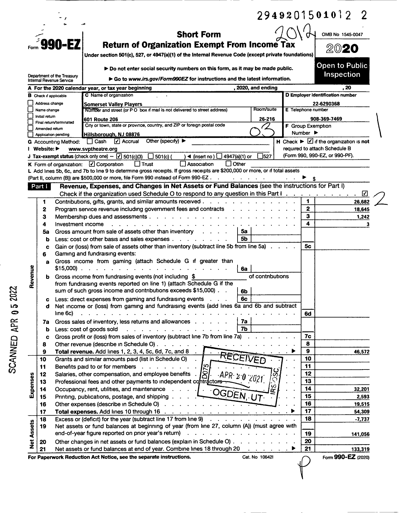 Image of first page of 2020 Form 990EZ for Somerset Valley Players