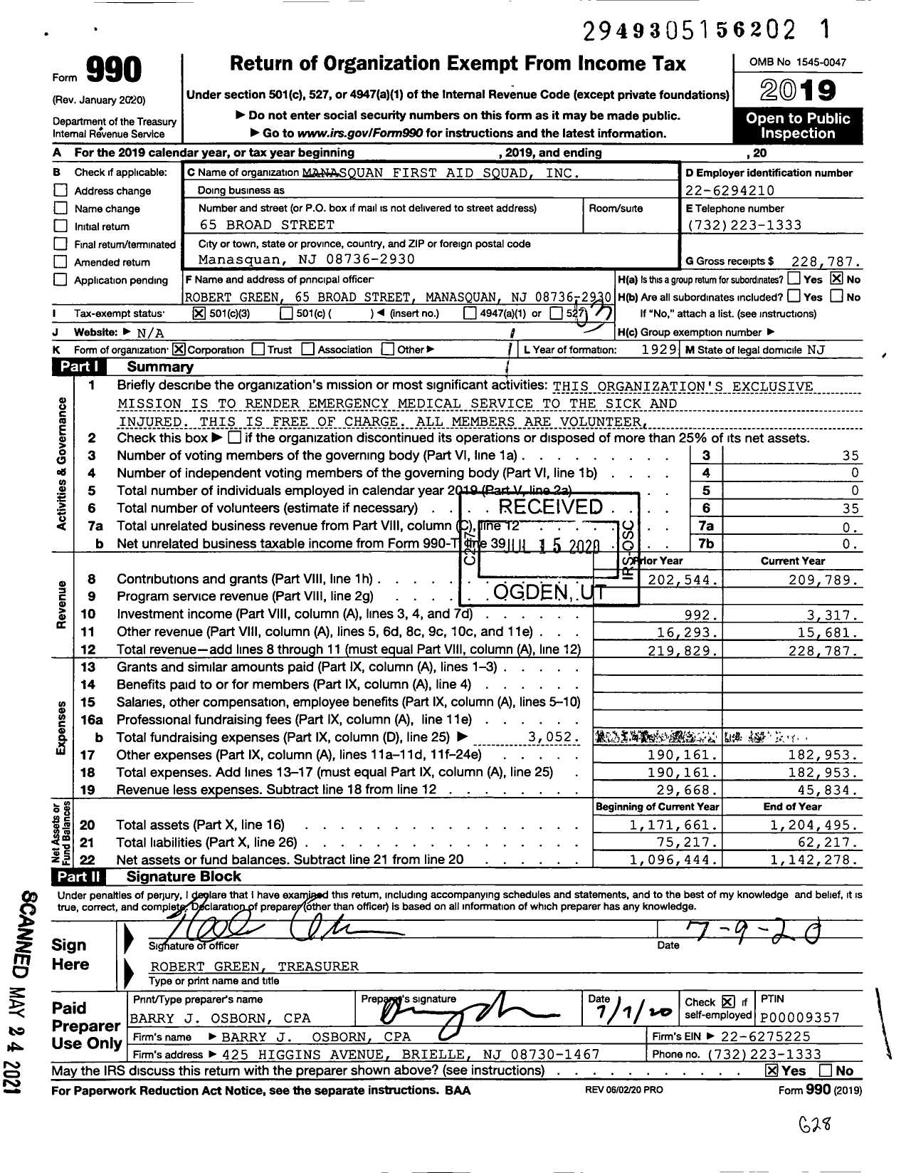 Image of first page of 2019 Form 990 for Manasquan First Aid Squad