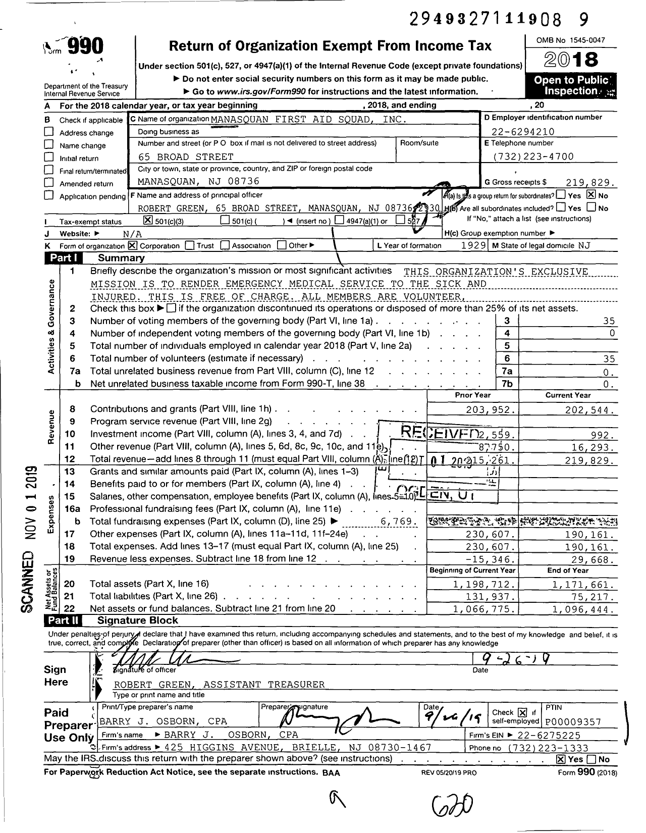 Image of first page of 2018 Form 990 for Manasquan First Aid Squad