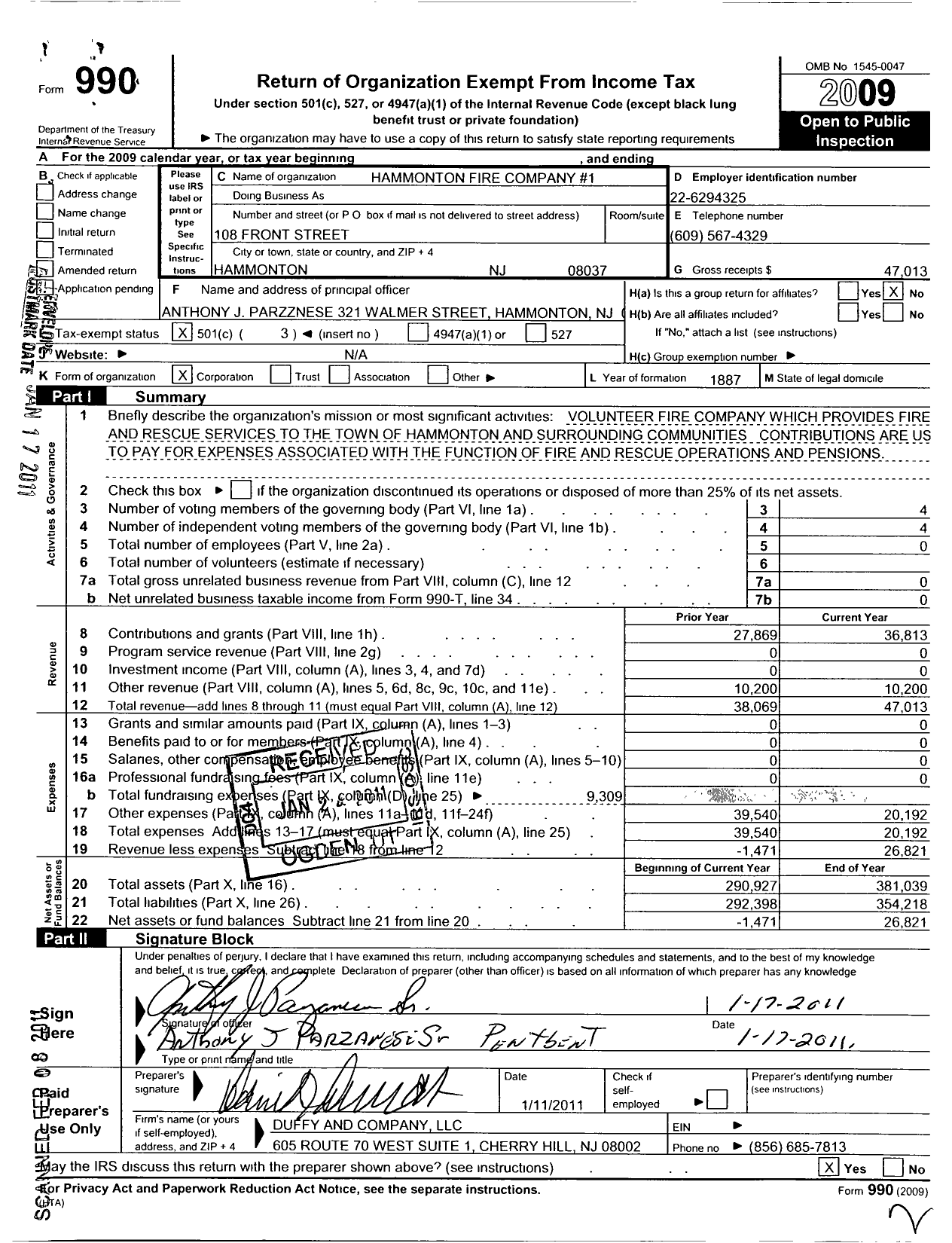 Image of first page of 2009 Form 990 for Hammonton Fire Company 1