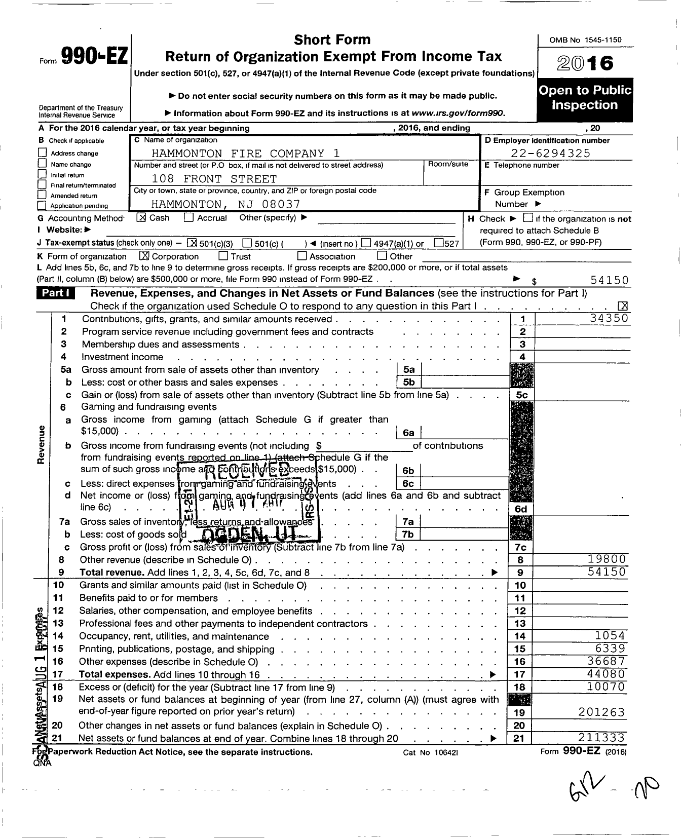 Image of first page of 2016 Form 990EZ for Hammonton Fire Company 1