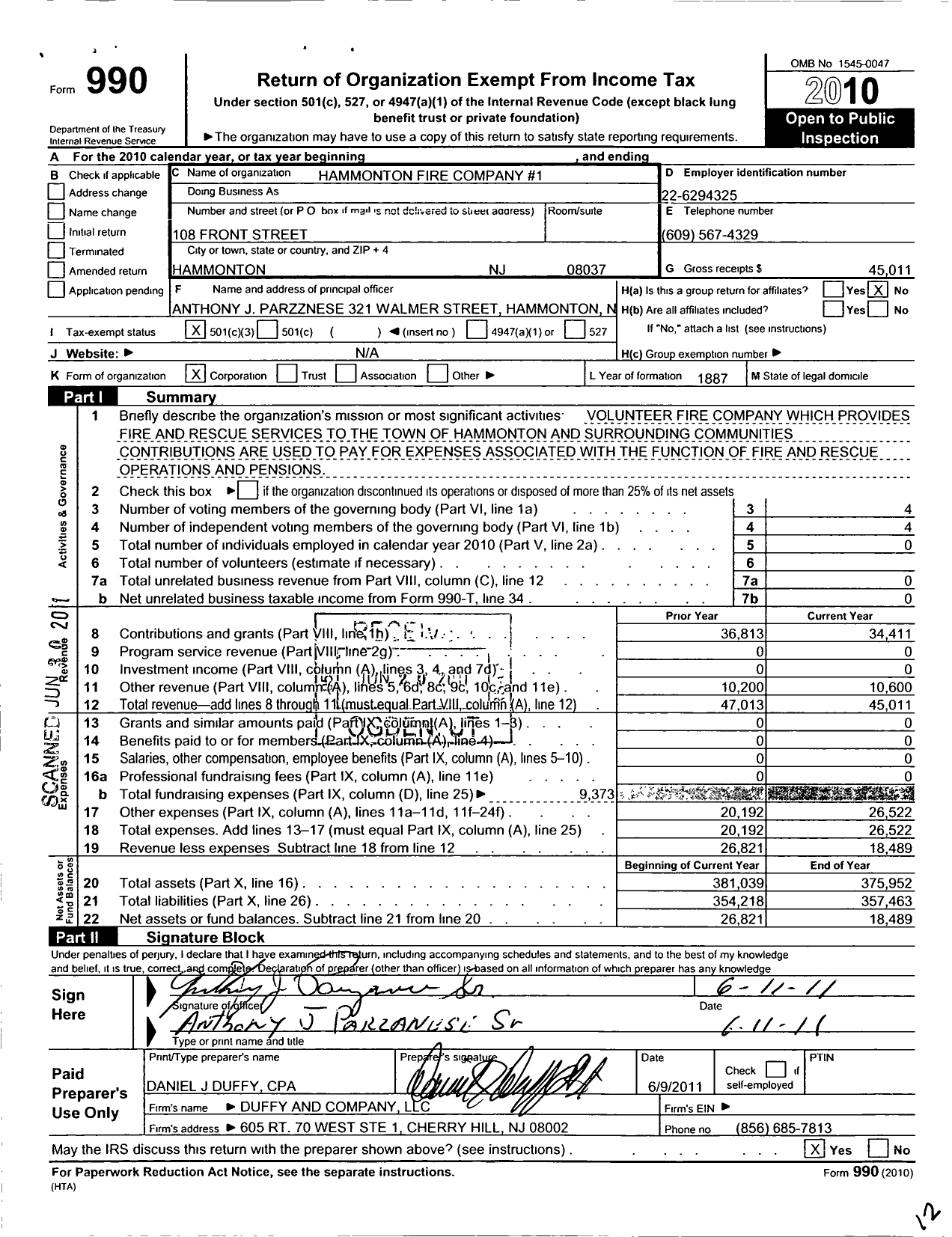 Image of first page of 2010 Form 990 for Hammonton Fire Company 1