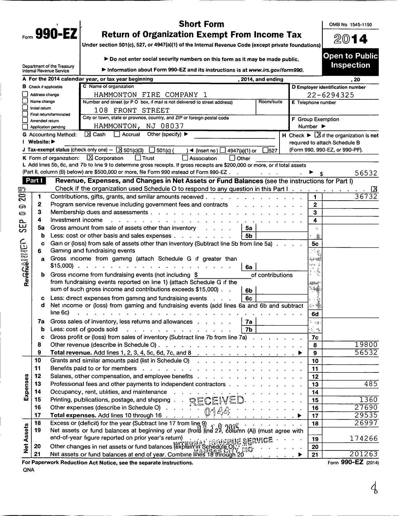 Image of first page of 2014 Form 990EZ for Hammonton Fire Company 1