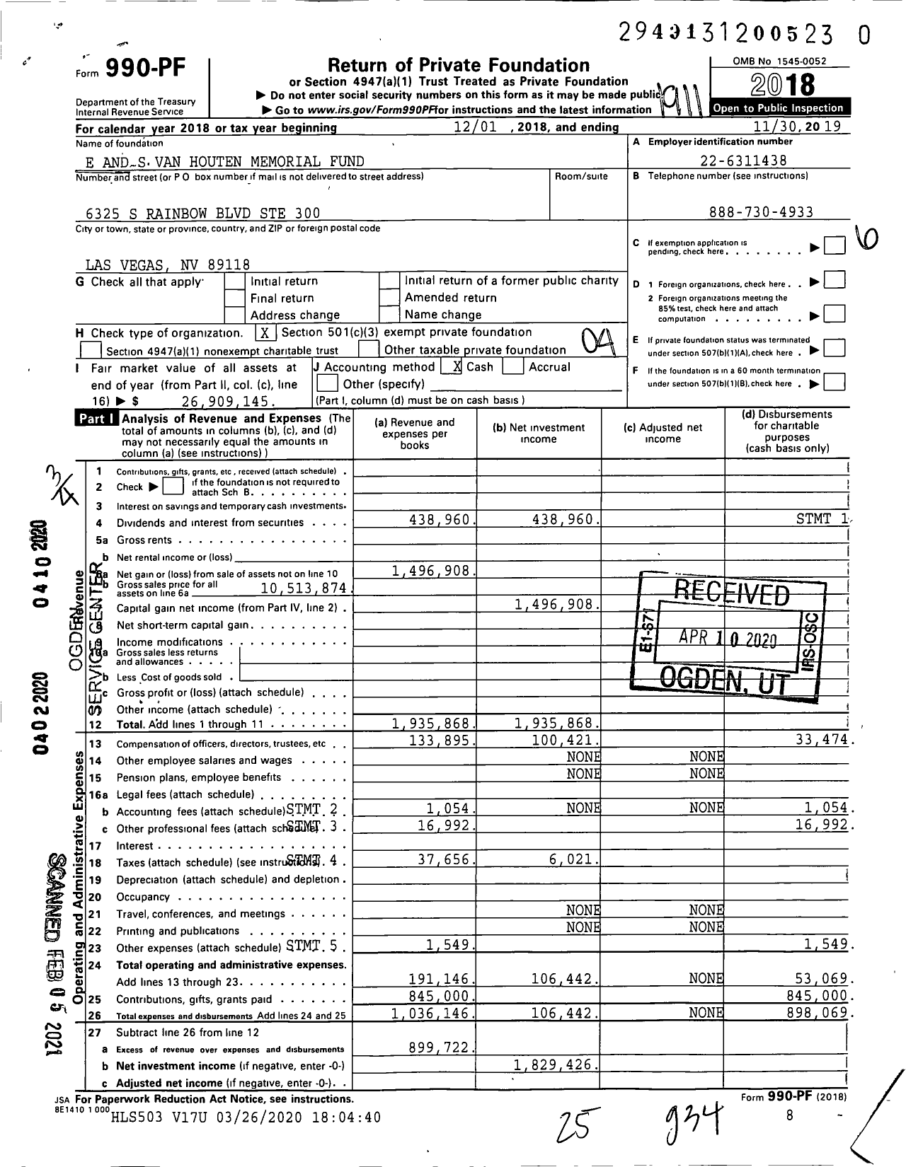 Image of first page of 2018 Form 990PF for E and S Van Houten Memorial Fund