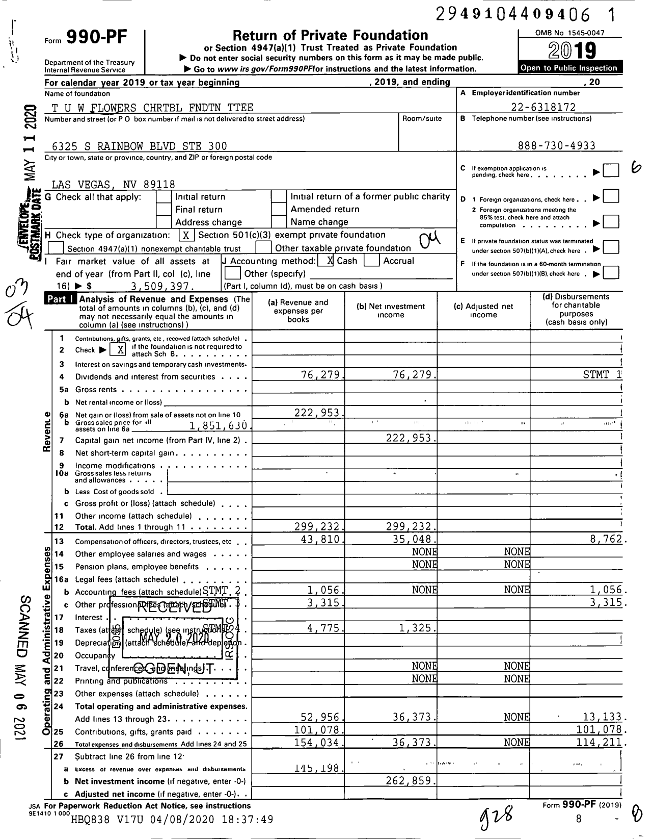 Image of first page of 2019 Form 990PF for T U W Flowers CHRTBL Fndtn Ttee