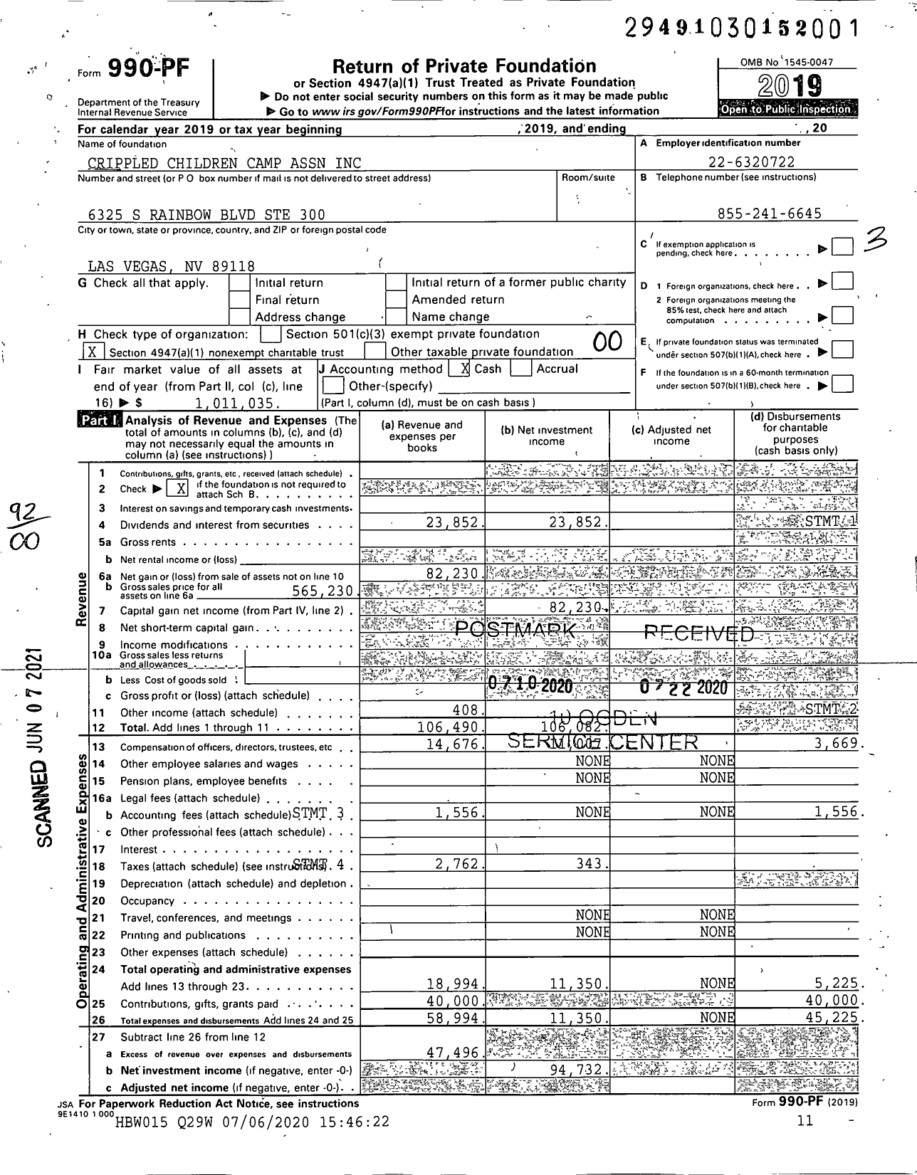 Image of first page of 2019 Form 990PF for Crippled Children Camp Association