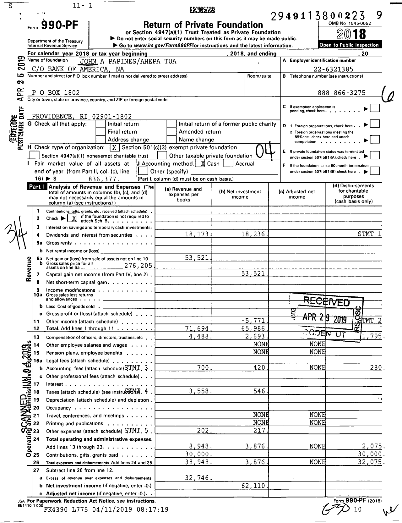 Image of first page of 2018 Form 990PF for John A Papinesahepa Tua