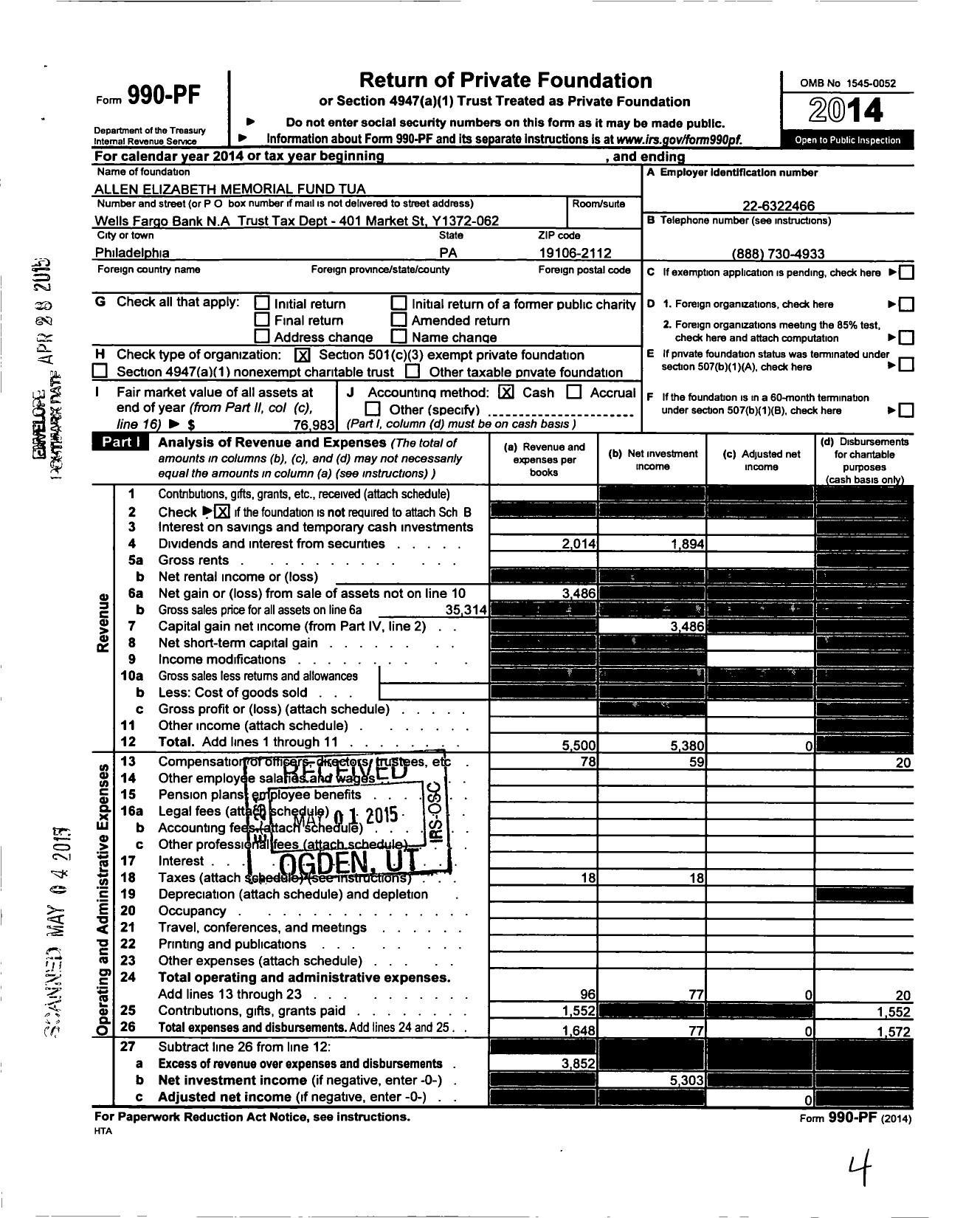 Image of first page of 2014 Form 990PF for Allen Elizabeth Memorial Fund Tua