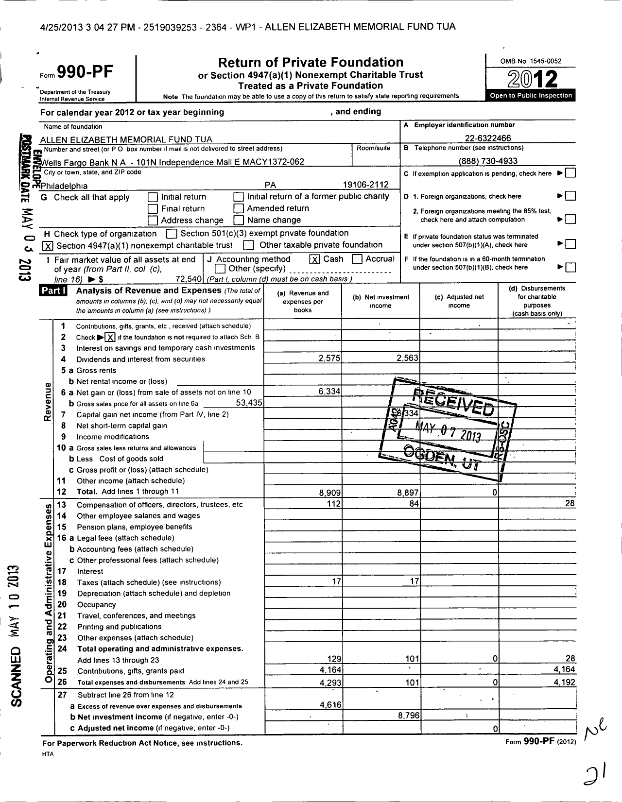 Image of first page of 2012 Form 990PF for Allen Elizabeth Memorial Fund Tua