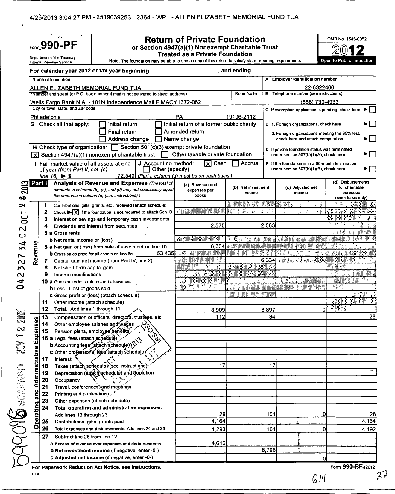 Image of first page of 2012 Form 990PF for Allen Elizabeth Memorial Fund Tua