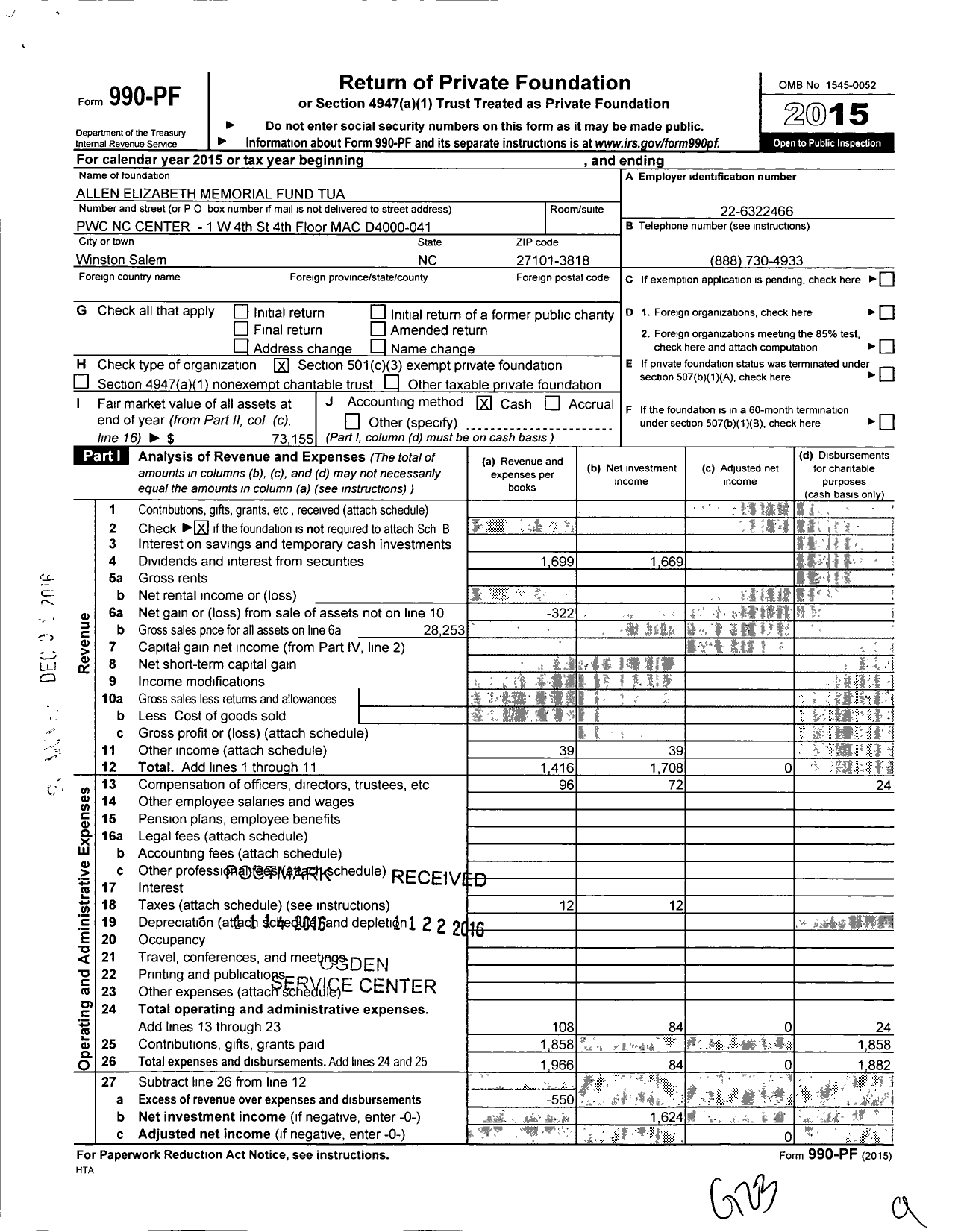 Image of first page of 2015 Form 990PF for Allen Elizabeth Memorial Fund Tua