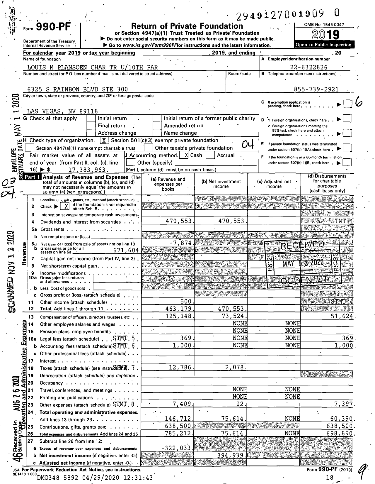 Image of first page of 2019 Form 990PF for Louis M Plansoen Charitable Trust U10th Par