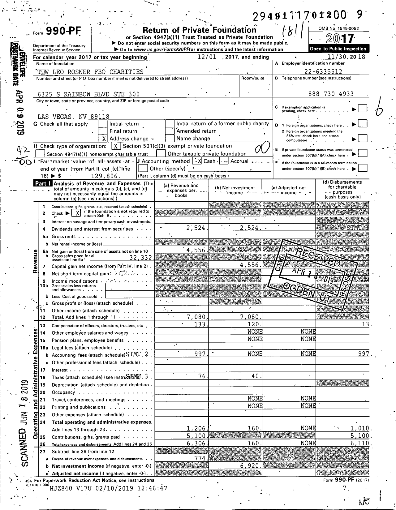 Image of first page of 2017 Form 990PF for Tuw Leo Rosner Fbo Charities