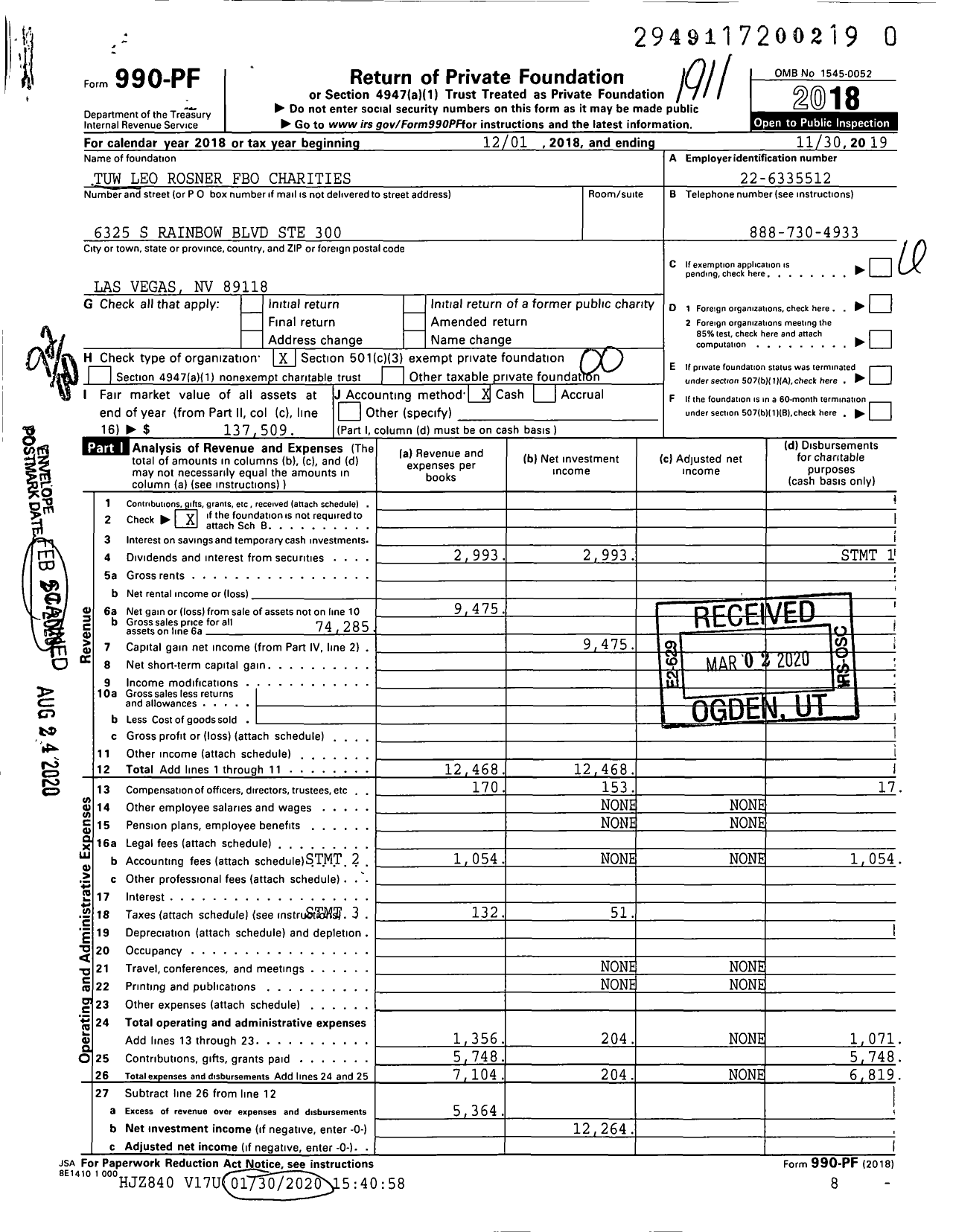 Image of first page of 2018 Form 990PR for Tuw Leo Rosner Fbo Charities