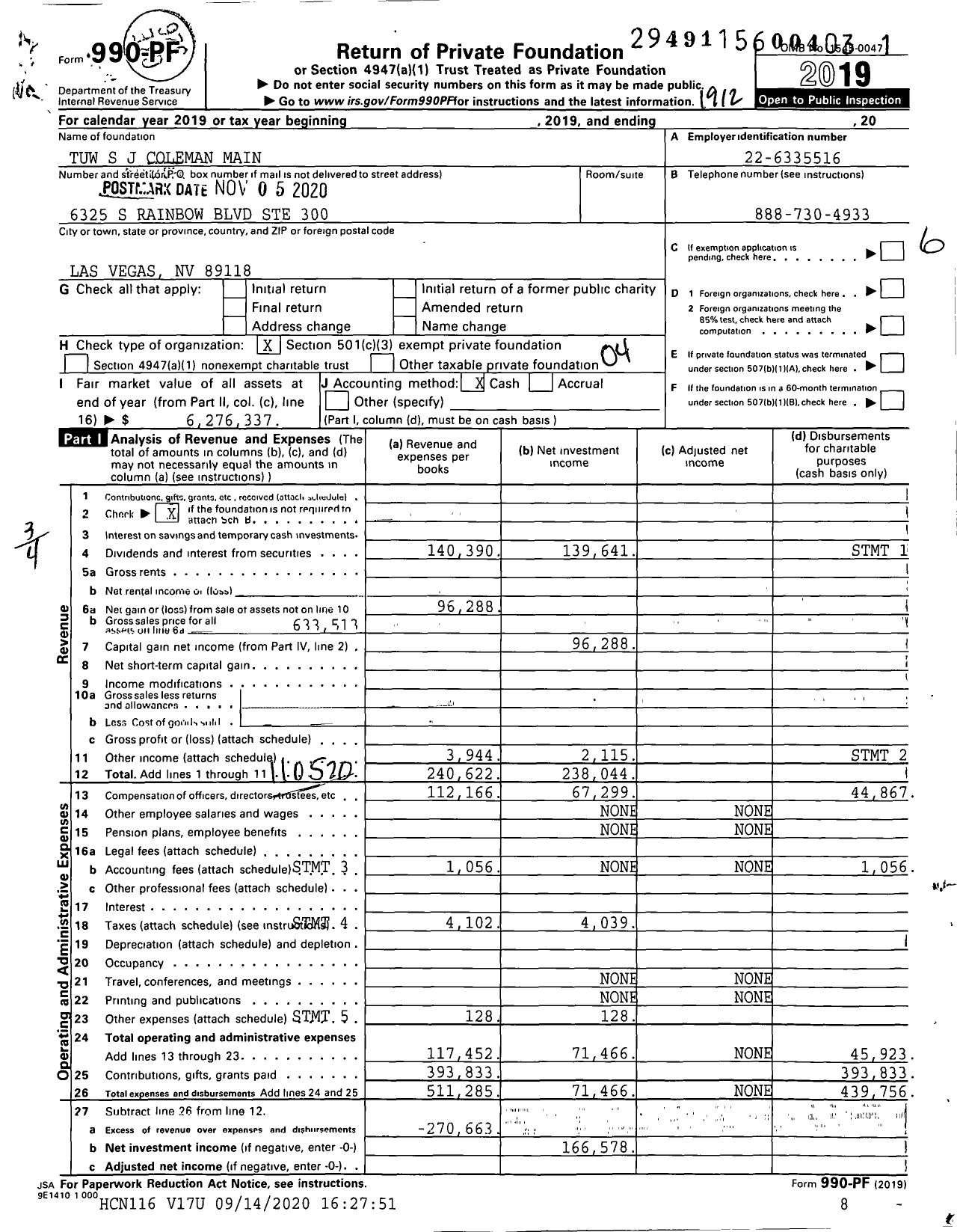 Image of first page of 2019 Form 990PF for Tuw S J Coleman Main