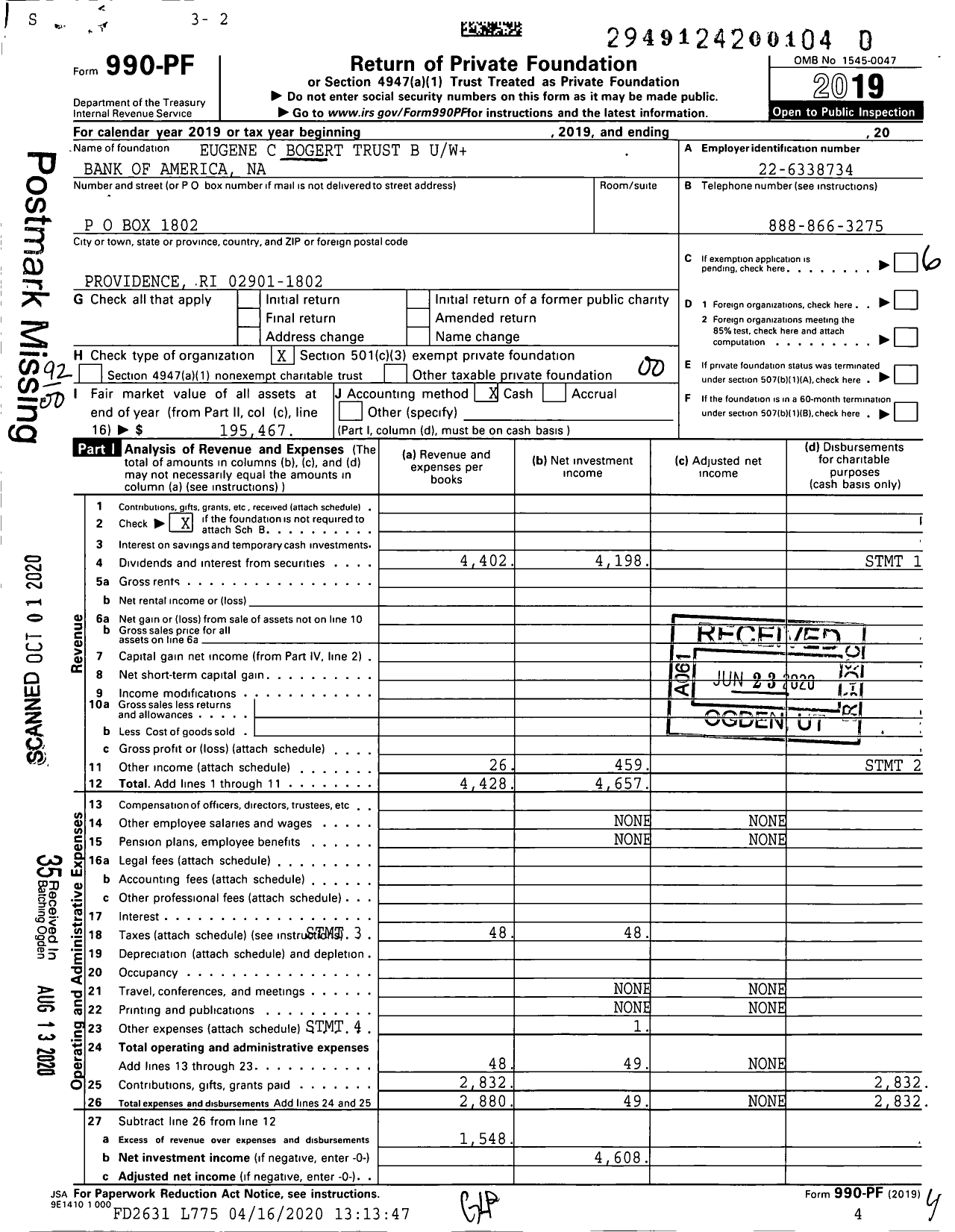 Image of first page of 2019 Form 990PR for Eugene C Bogert Trust B Uw